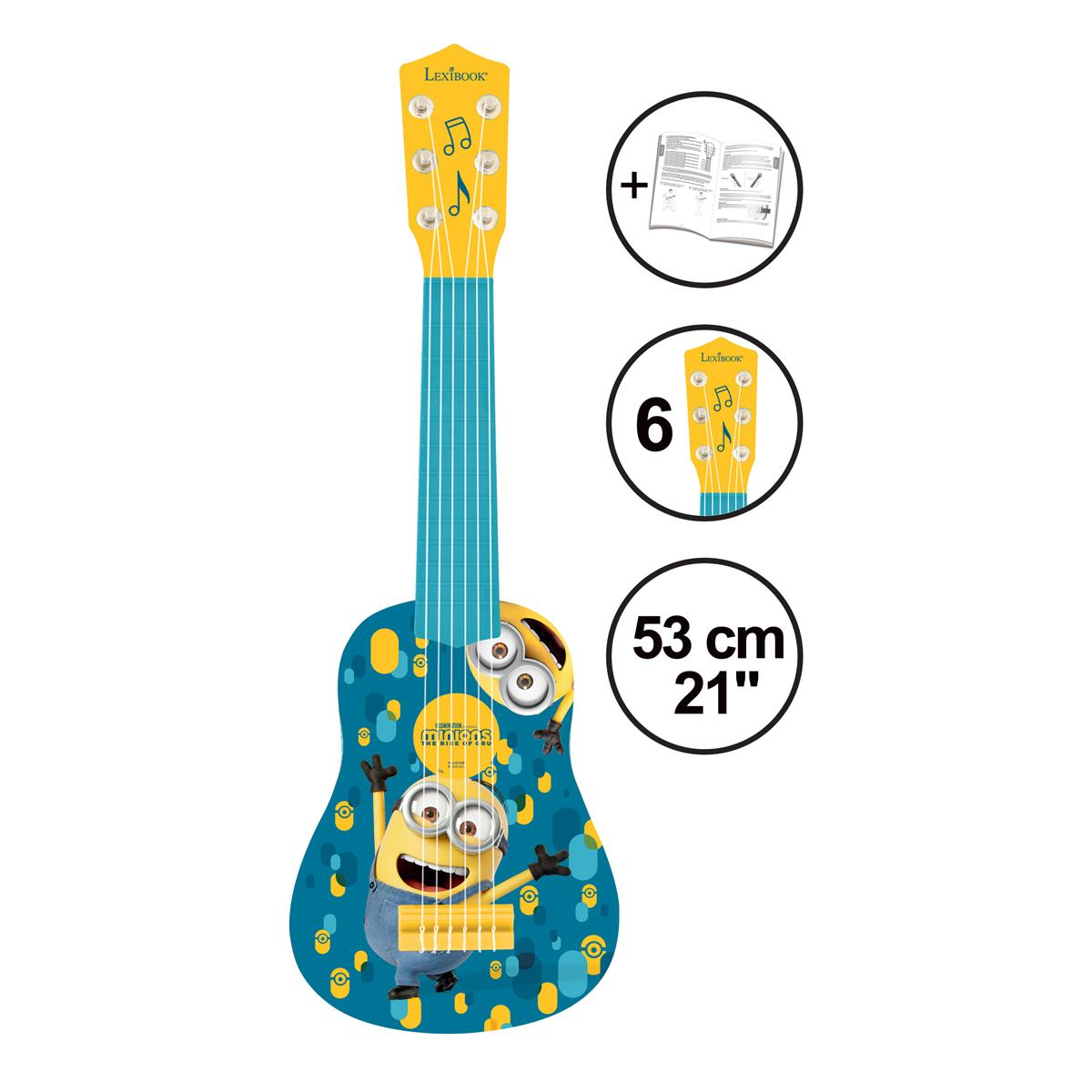 Zabawkowa gitara z motywem Minions. Niebieski korpus, żółty gryf. Zawiera instrukcje i etykiety rozmiarów.