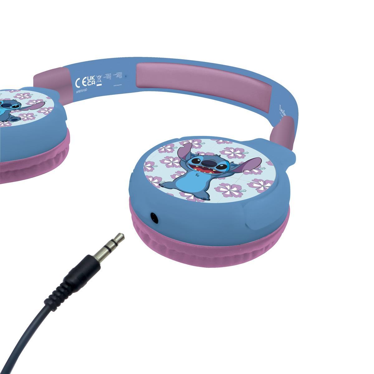 Niebieskie i różowe słuchawki z postacią z kreskówki Stitch i czarnym gniazdem audio.