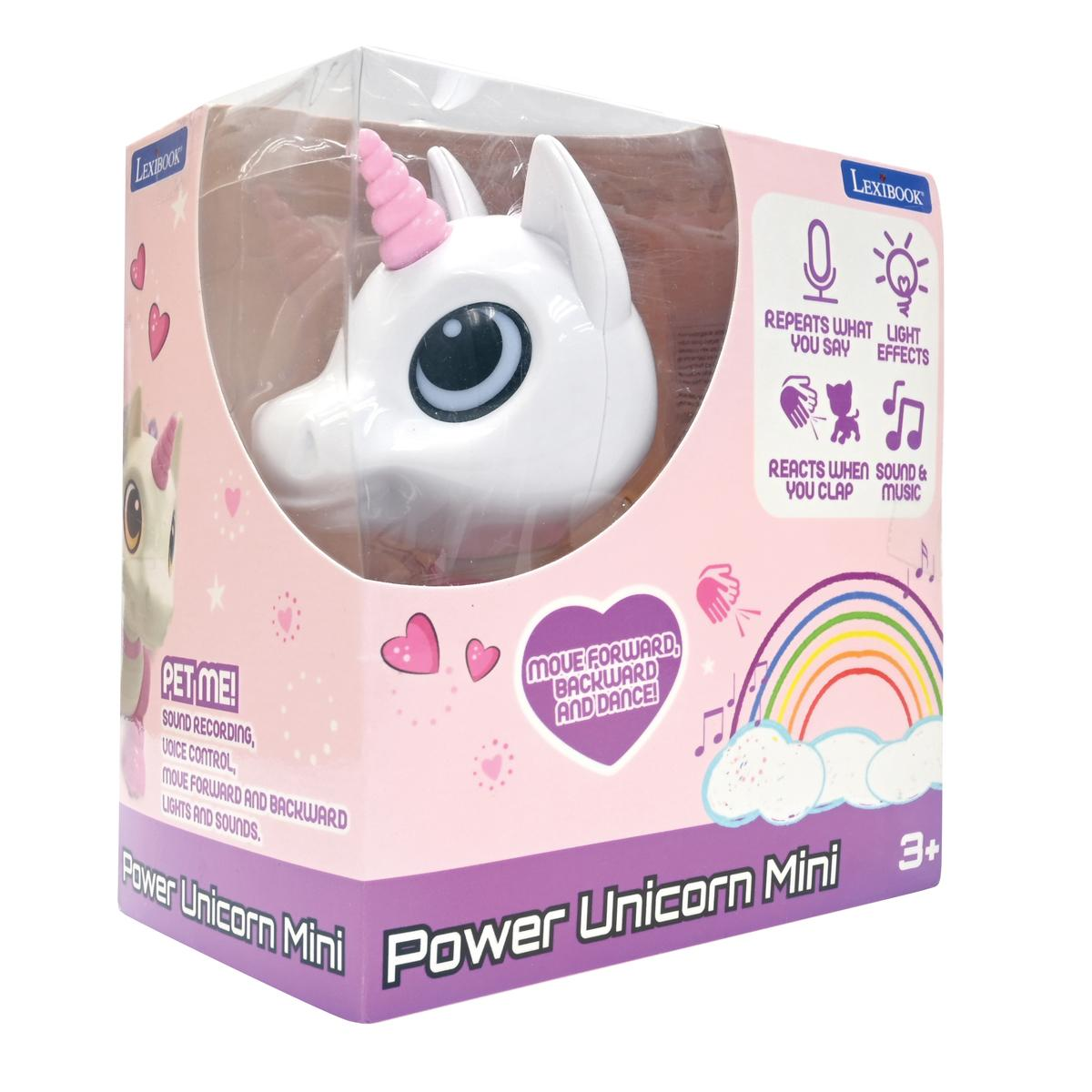 Unicornio de juguete en una caja. La caja tiene instrucciones y un arcoíris.