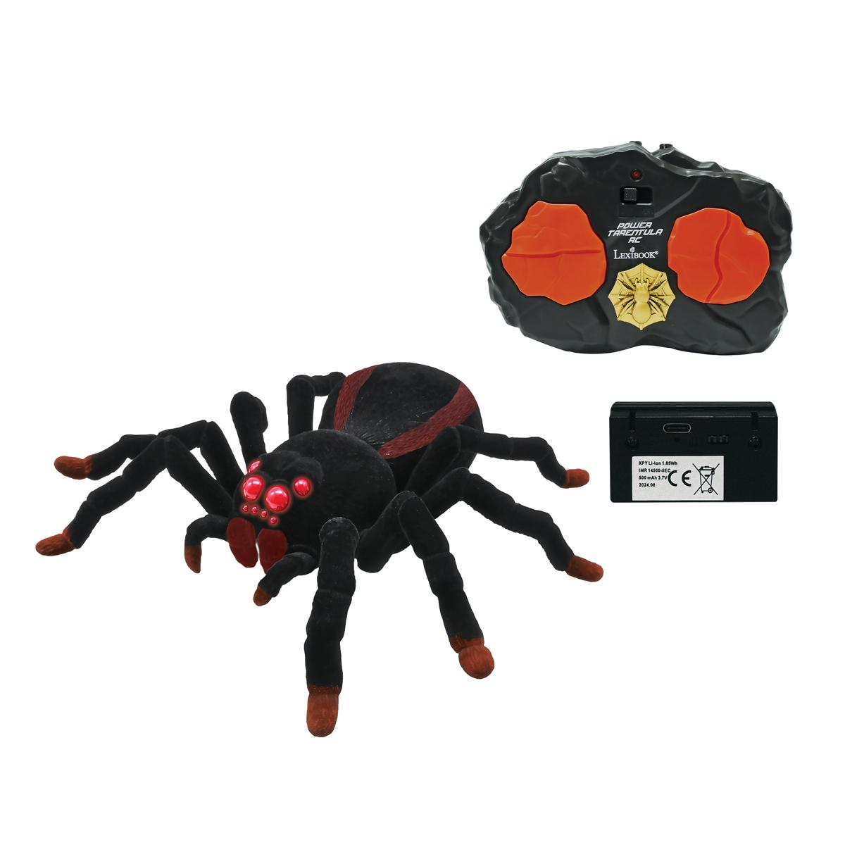 Juguete de araña negra con control remoto y batería. La araña tiene ojos rojos.