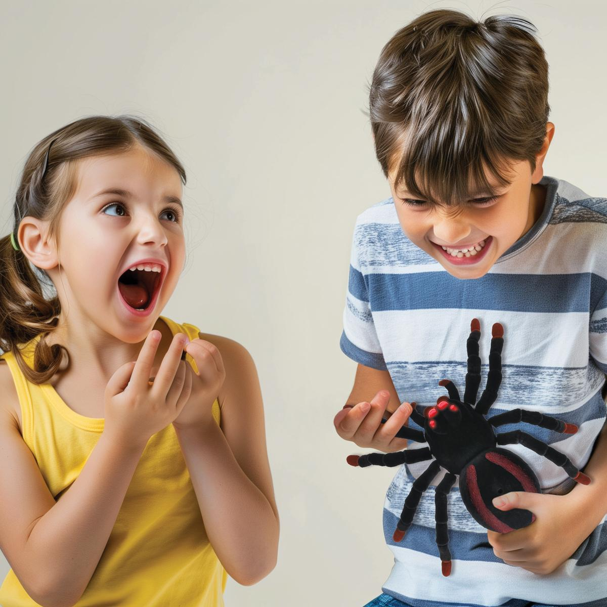 Niña y niño mirando una araña de juguete. La niña grita, el niño sonríe.