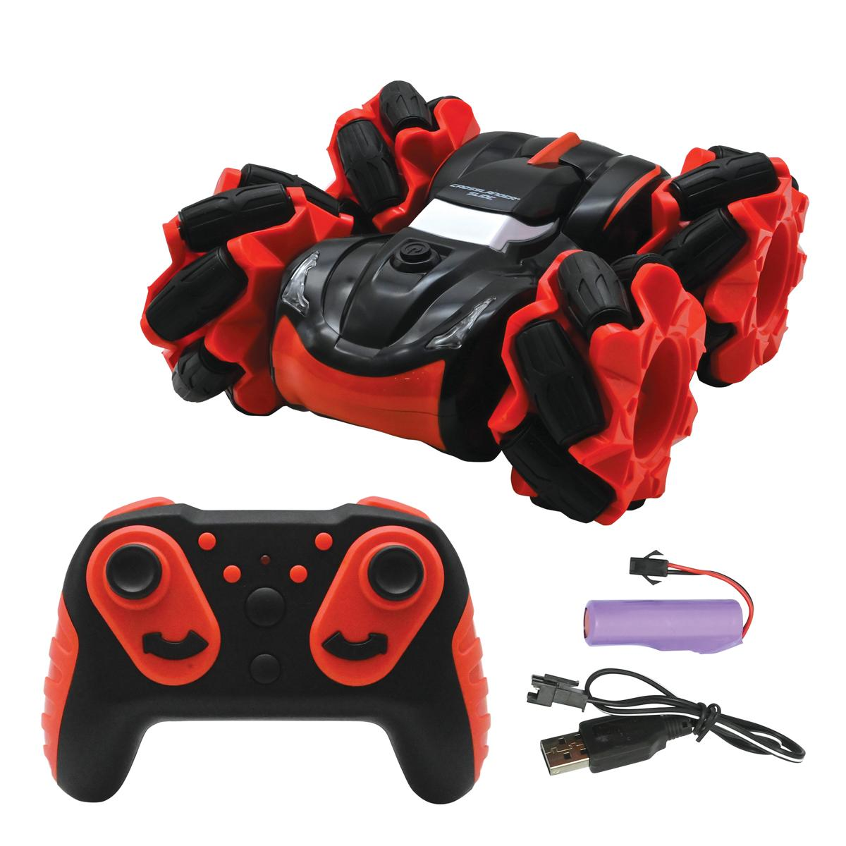 Un coche de control remoto rojo y negro con un controlador y piezas adicionales.