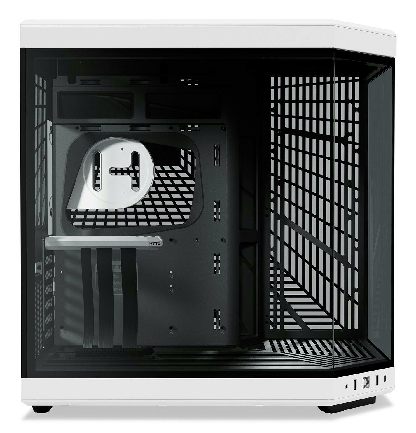 Biała obudowa komputera z szklanym panelem, pokazująca elementy wewnętrzne i strukturę.