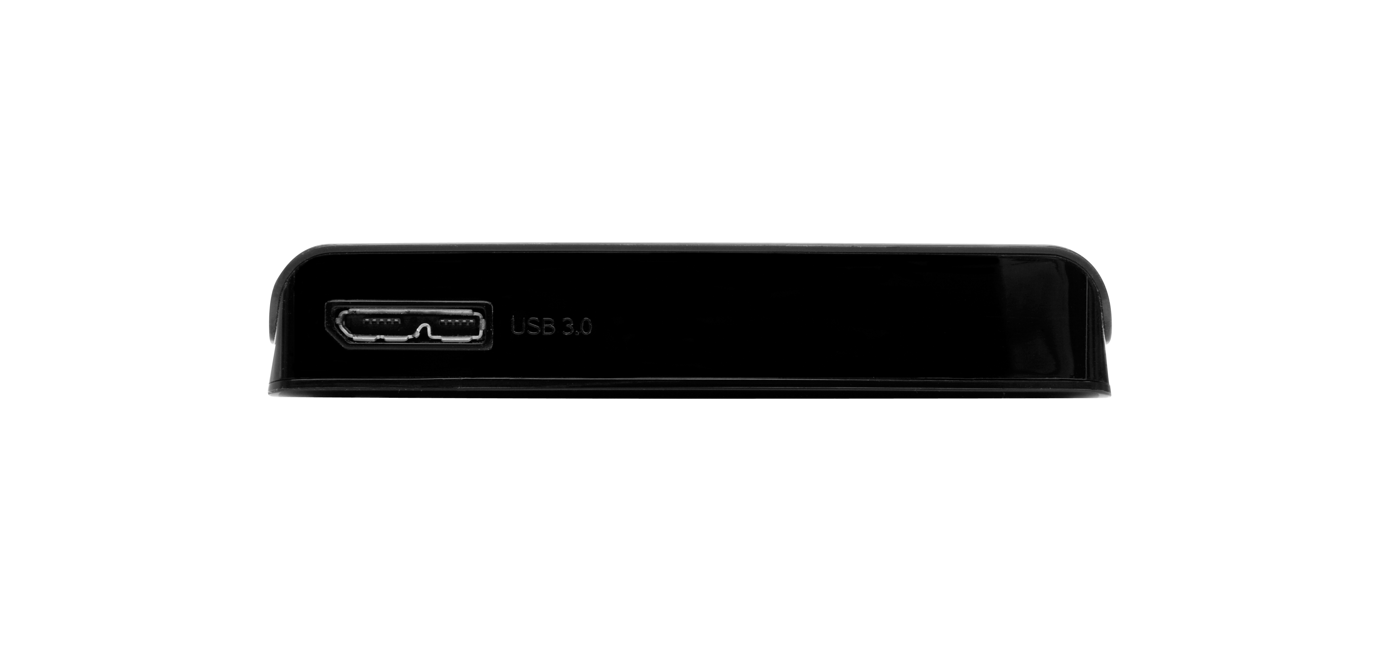 Disco rigido esterno nero con porta USB 3.0, isolato su sfondo bianco.