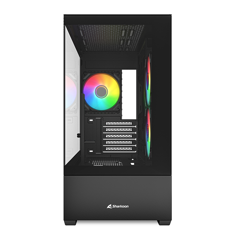 Case PC nero con ventole RGB. Pannello laterale trasparente. Logo Sharkoon frontale.