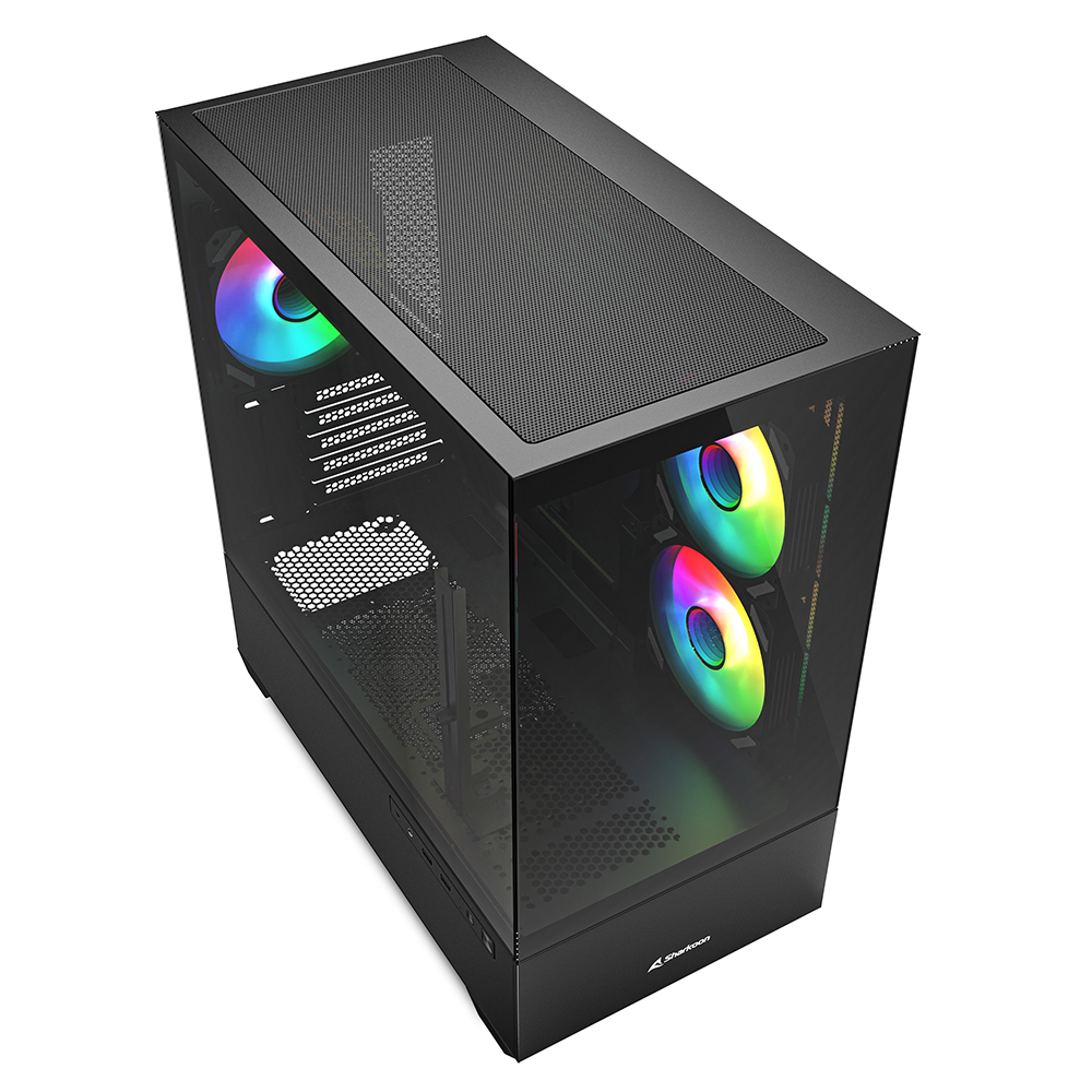 Case per computer con pannello laterale in vetro. L'interno ha ventole con luci colorate.