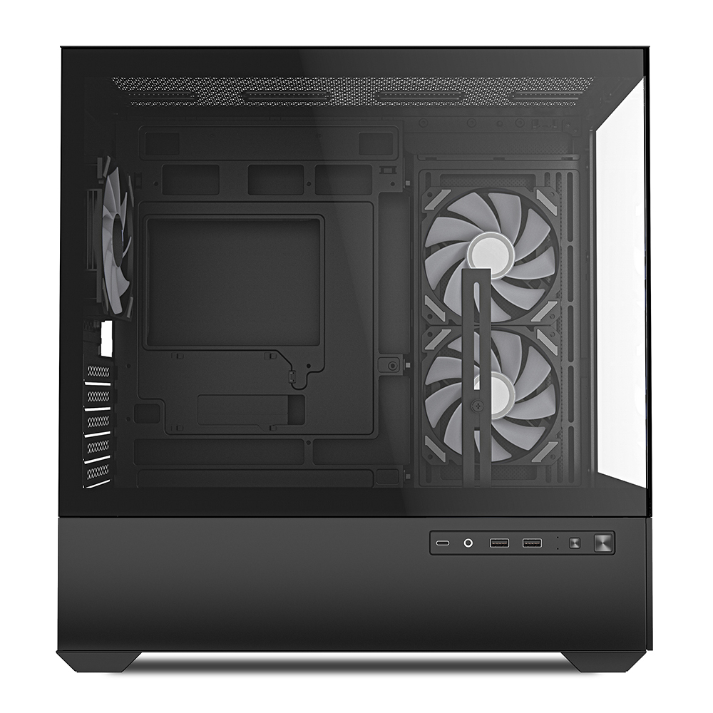 Interno del case del computer nero, con ventole e componenti visibili.