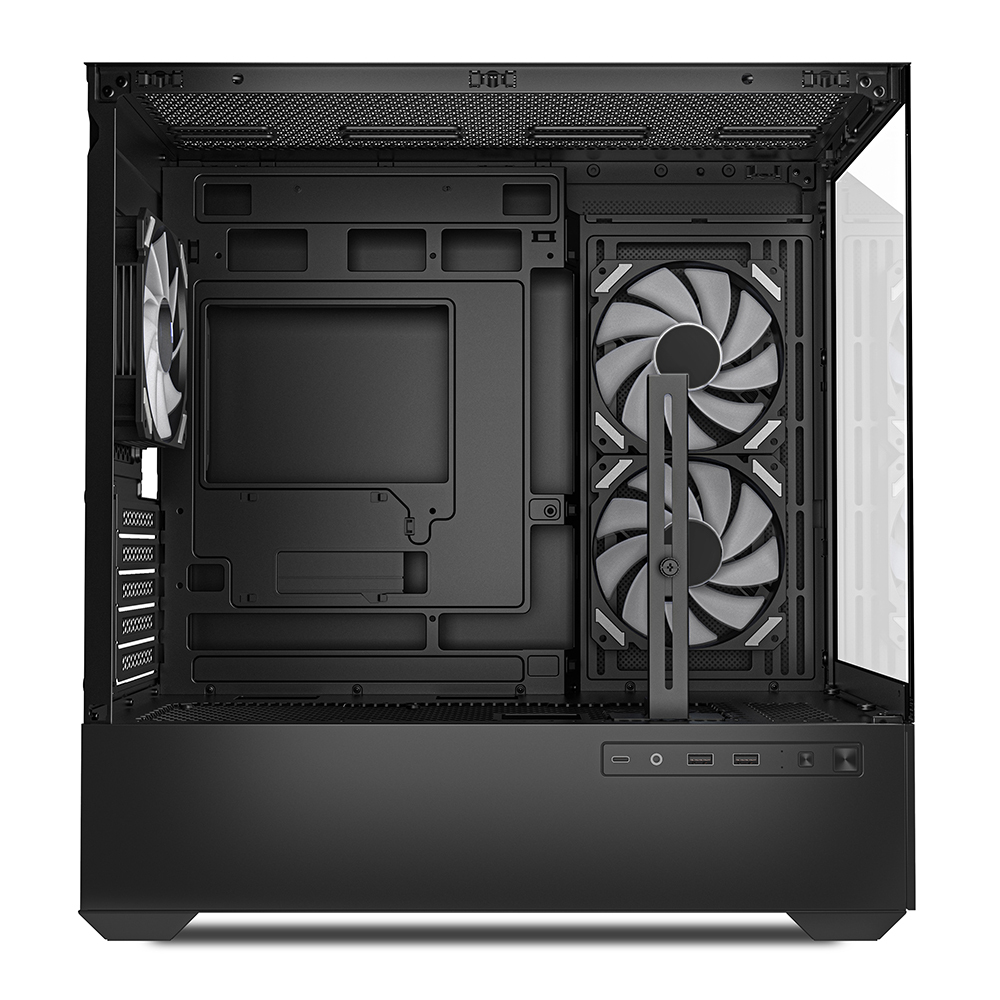 Interno di case PC nero con ventole, design aperto e punti di montaggio. Pannello laterale trasparente.