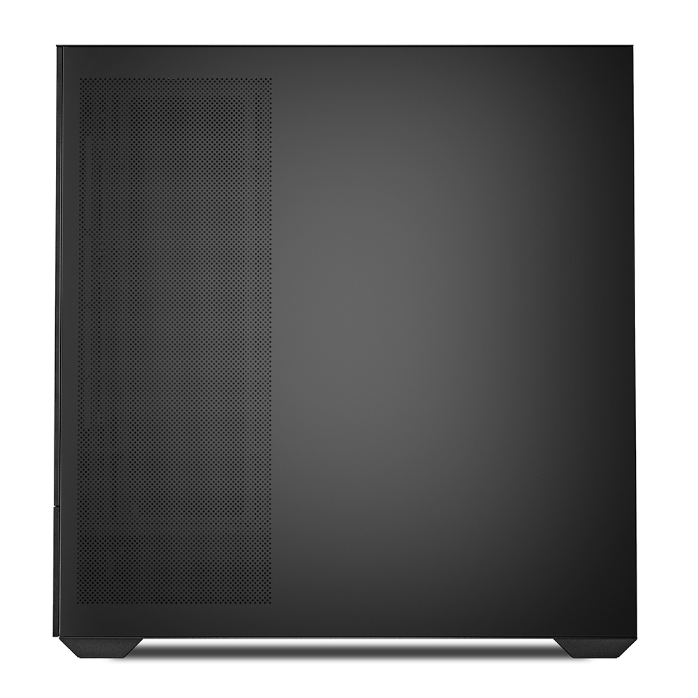 Vista frontale del case del computer nero. Pannello laterale perforato. Sfondo nero.