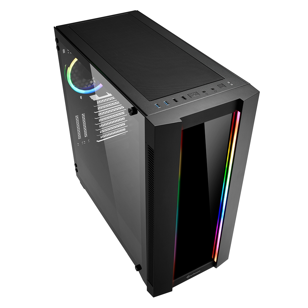 Schwarzer Computerturm mit Glasseitenteil und RGB-Beleuchtung.
