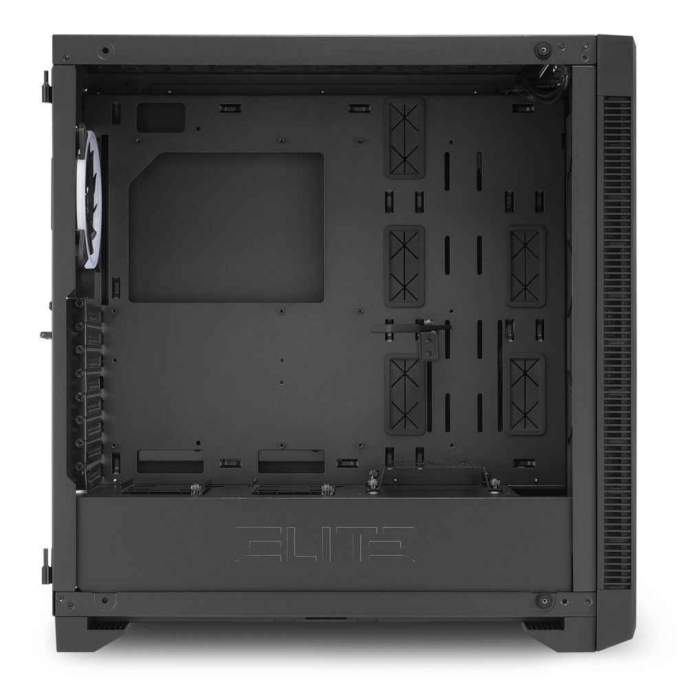 Innenansicht eines schwarzen Computerturmgehäuses mit Lüfter und Montagepunkten.