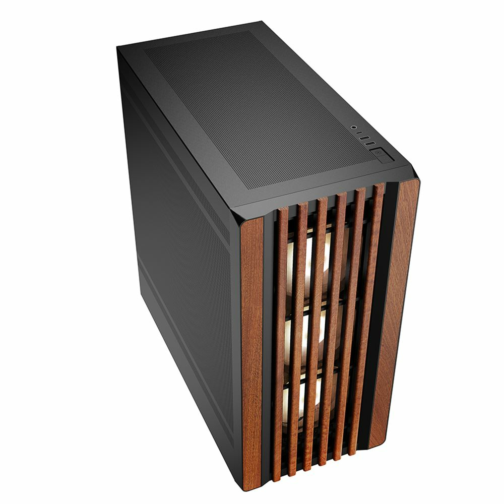 Case PC nero e marrone. Doghe in legno sul davanti. La parte superiore ha una griglia nera.