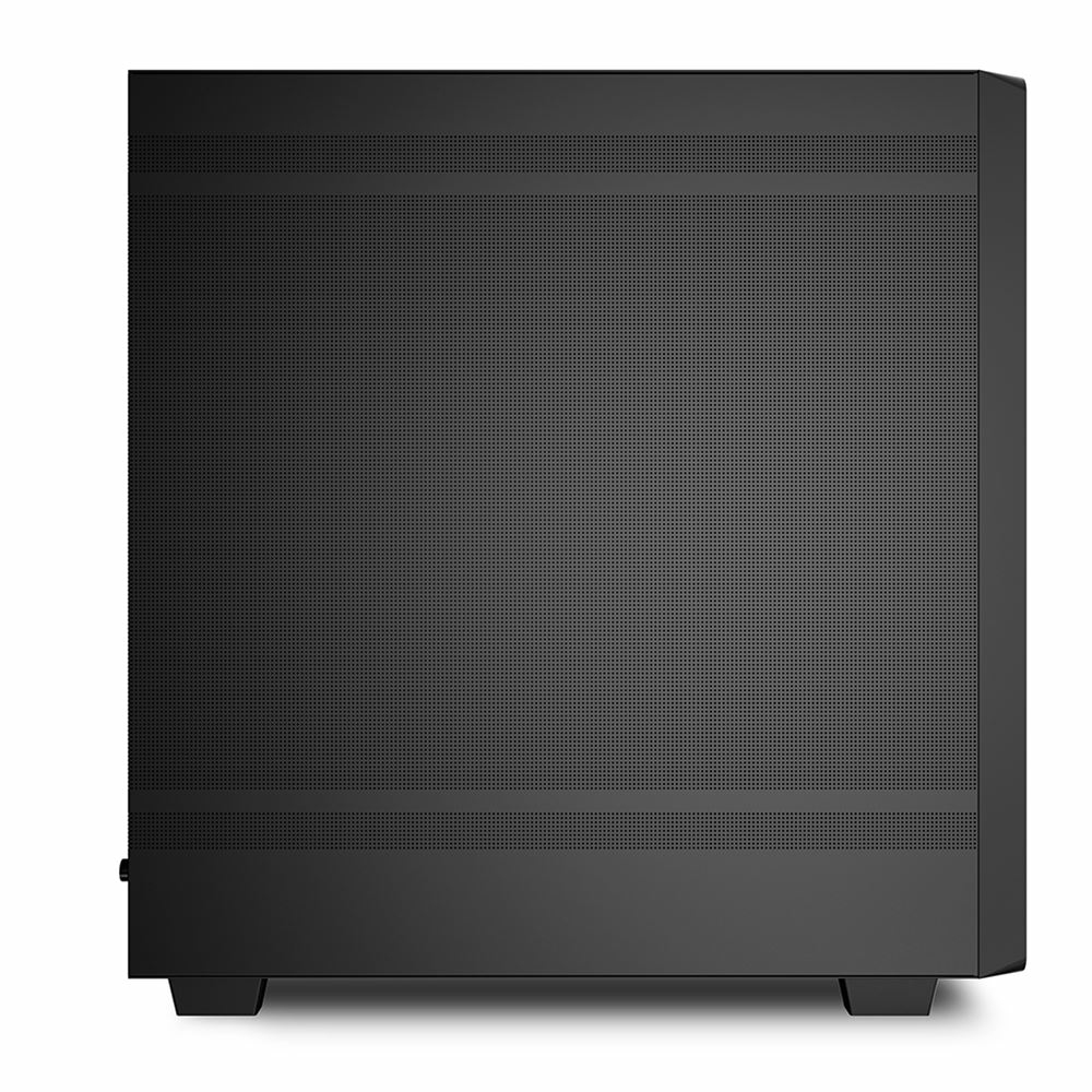 Parte frontale di un case per computer nero. Design perforato per il flusso d'aria. Forma rettangolare.