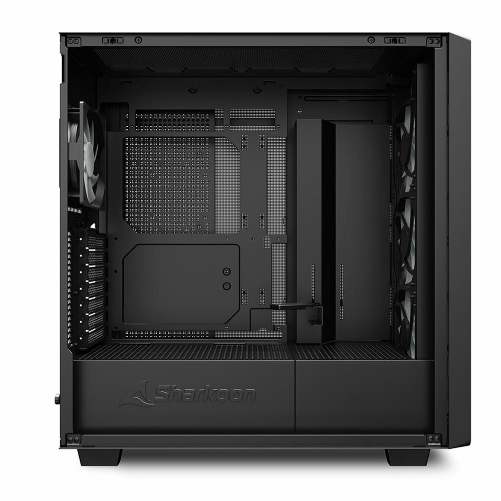 Interno di case PC nero con logo 'Sharkoon', supporti per ventole e design aperto, che mostra la struttura interna.