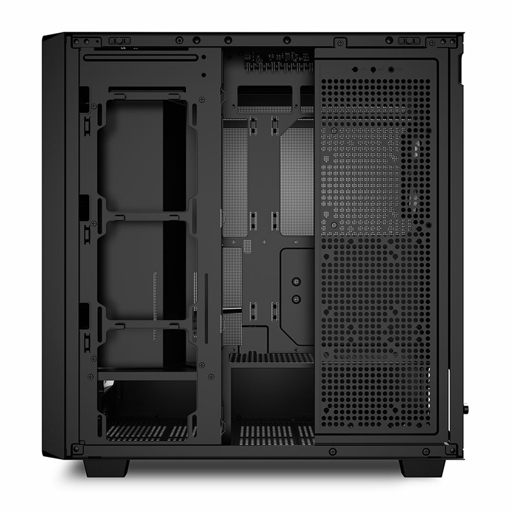 Interno del case del computer nero. Struttura visibile. Sfondo nero.