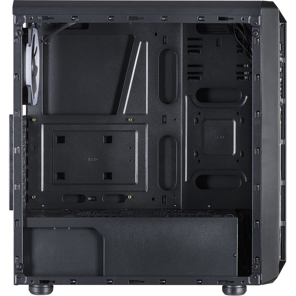 Interno vuoto di case per computer nero. Mostra la struttura interna con punti di montaggio.