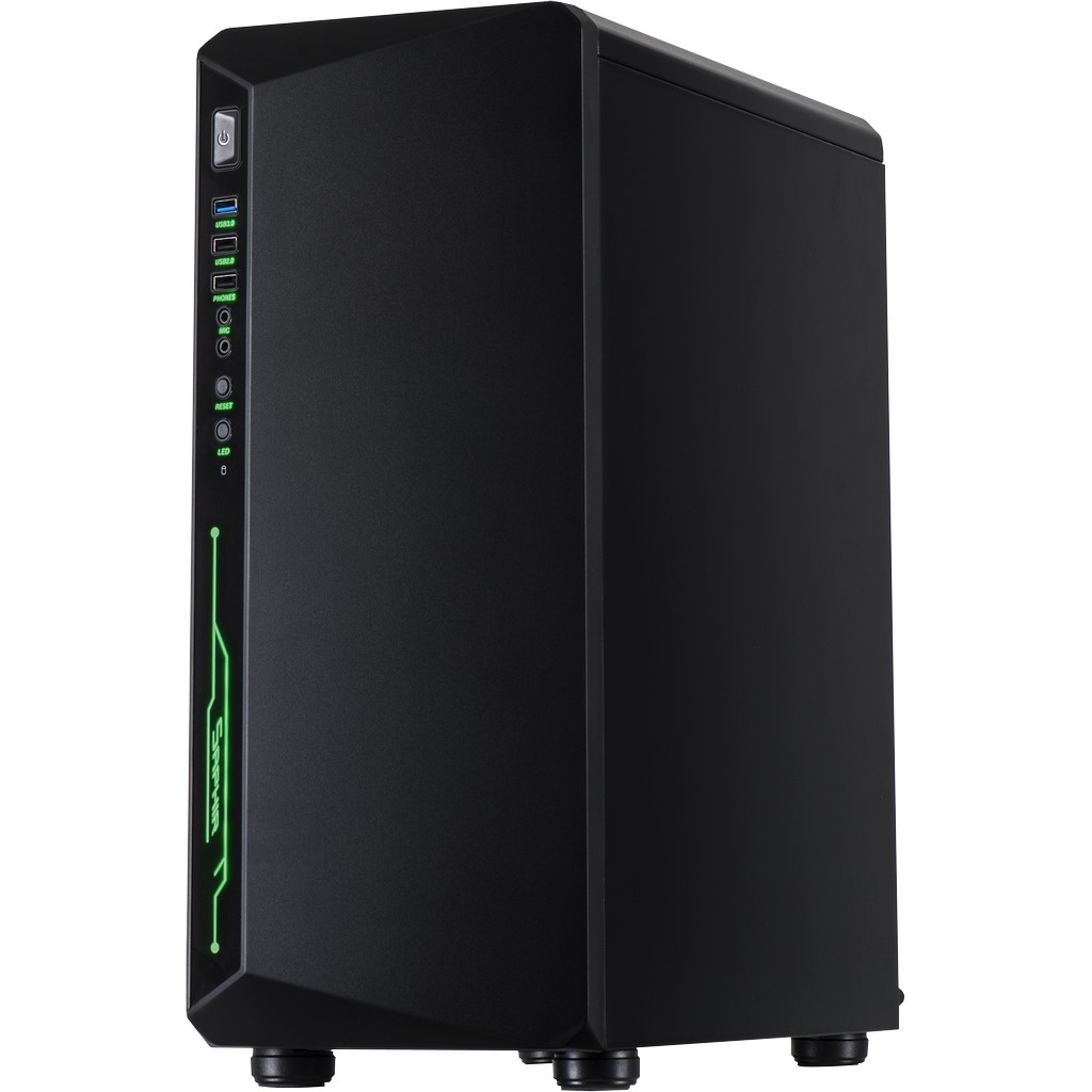 Case nero per computer, vista laterale, con striscia luminosa verde e varie porte visibili.