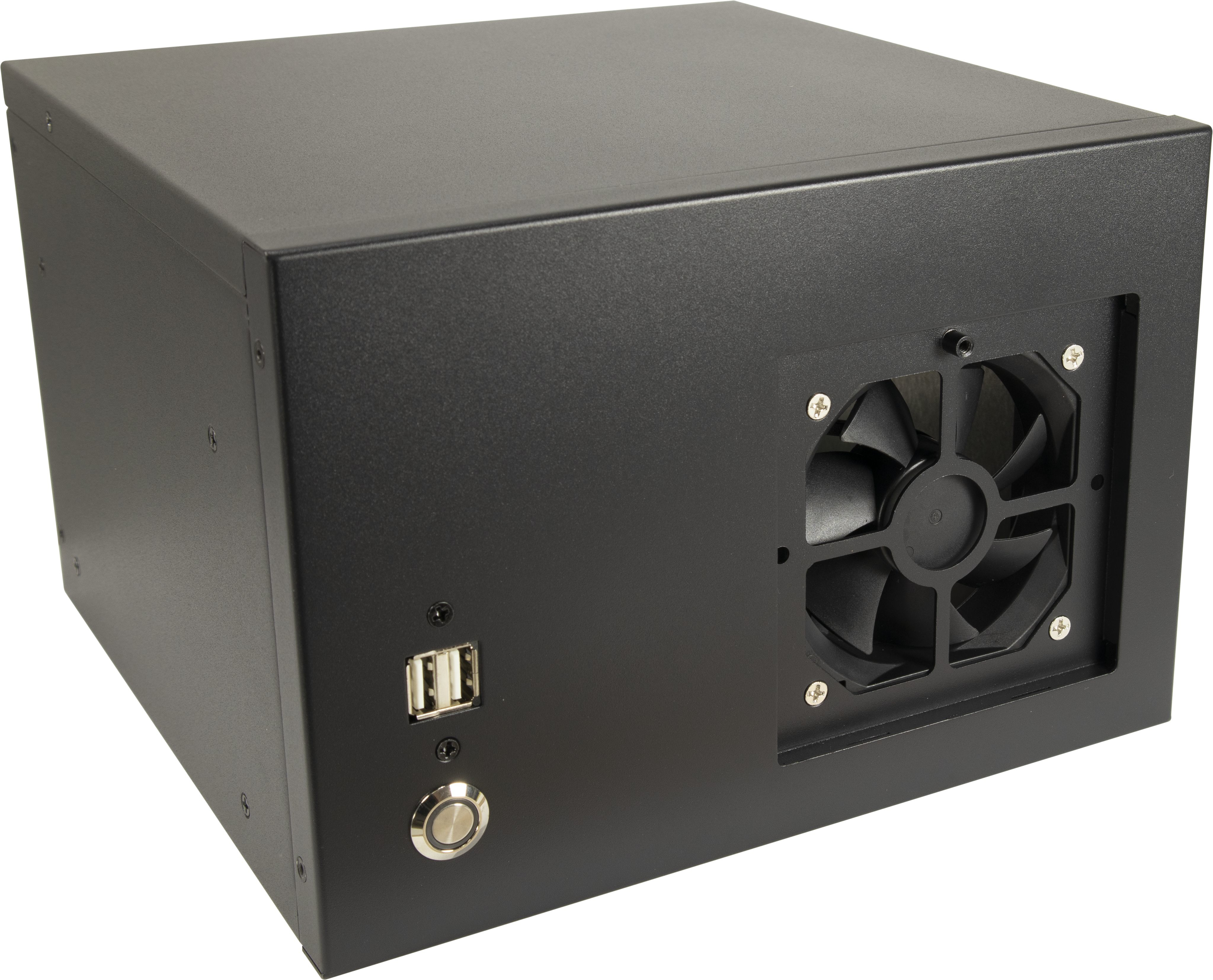 Case per computer nero con ventola, porte USB e pulsante di accensione. Il case ha una forma a scatola.