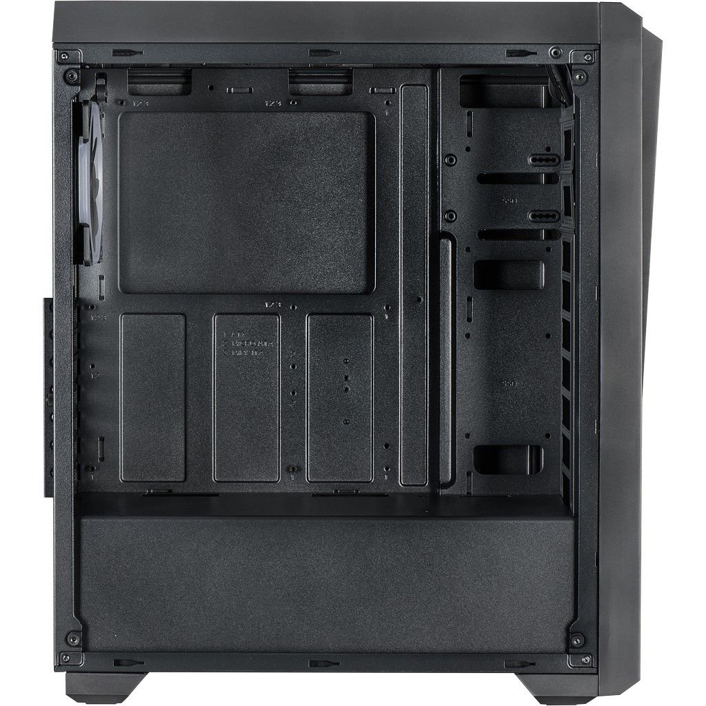 Wnętrze czarnej obudowy PC, z różnymi punktami montażu. Obudowa ma puste zatoki i centralny panel.