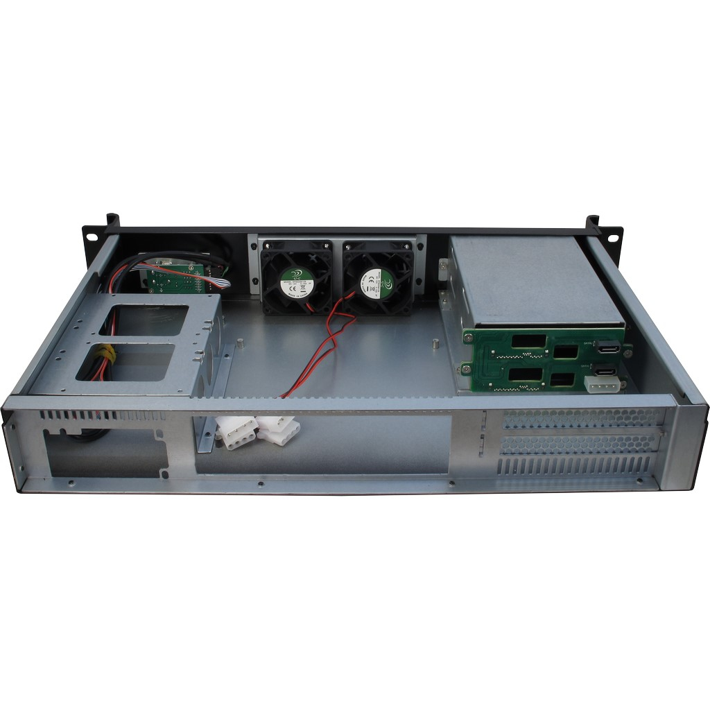 Inside of a server case, showing fans, power supply, and components.