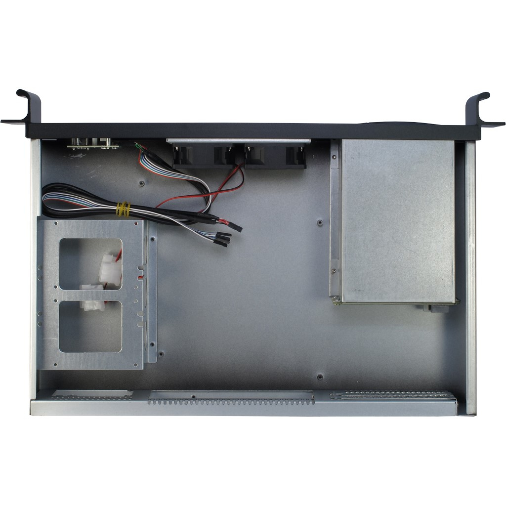 Silver computer case interior. Contains fan mounts and cable management features.