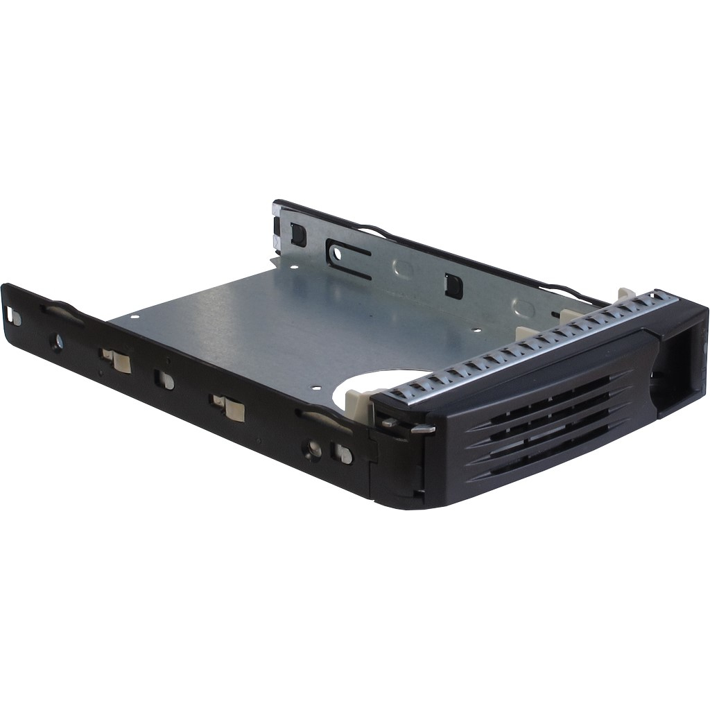 Black and silver PC hard drive cage. For installing drives. Metal and plastic construction.