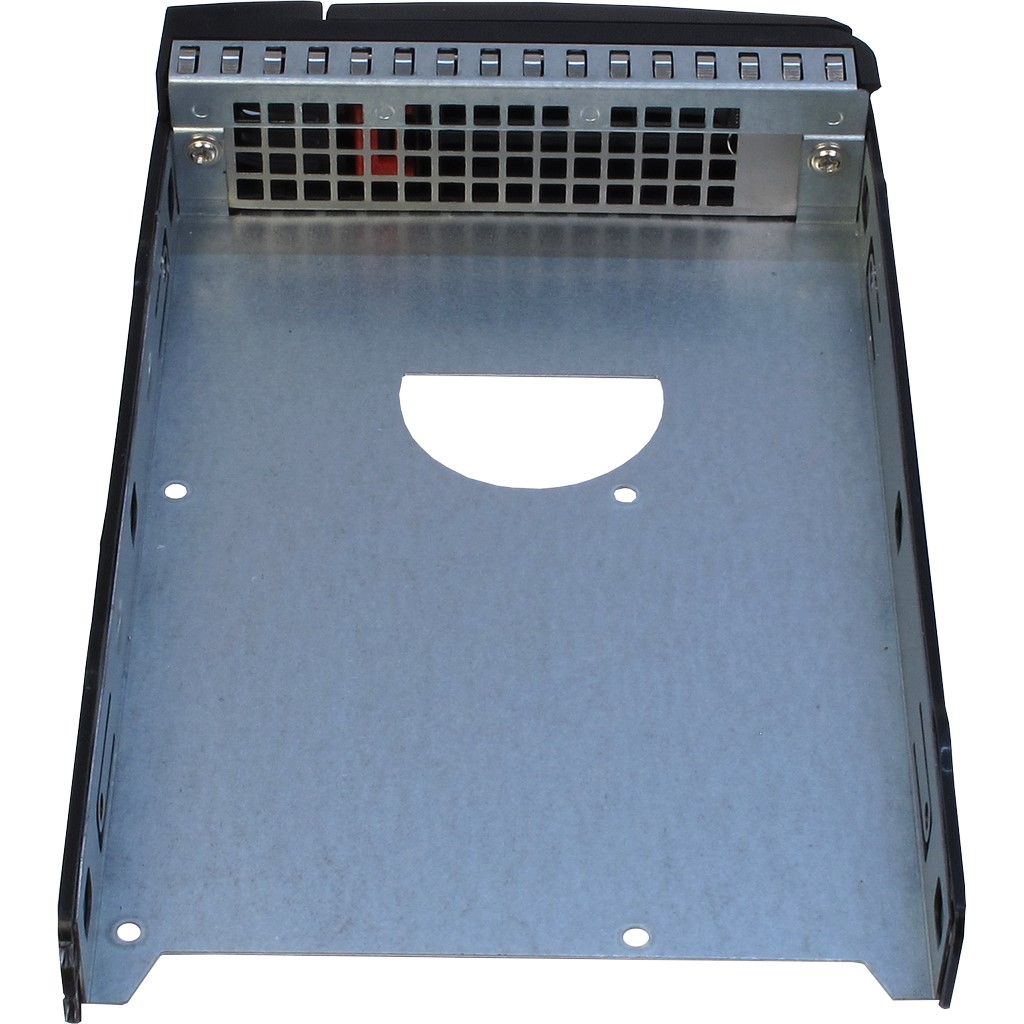 Metal computer case component. Black top with ventilation. Black background.