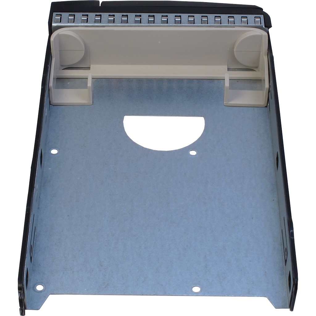 Metal PC case component with two mounting brackets, a central hole, and screw holes, likely for drives.