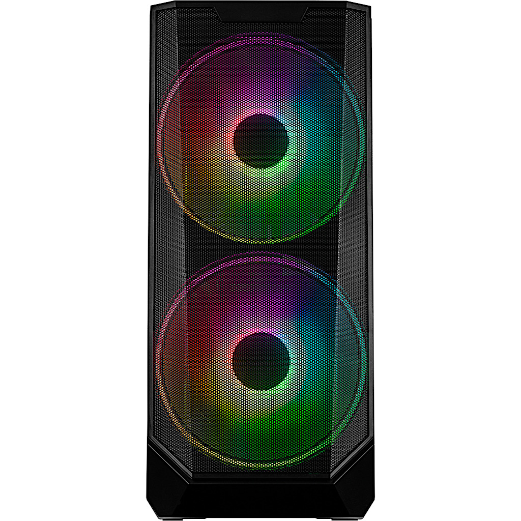 Czarna obudowa komputera z dwoma kolorowymi wentylatorami z siatkowym przodem.