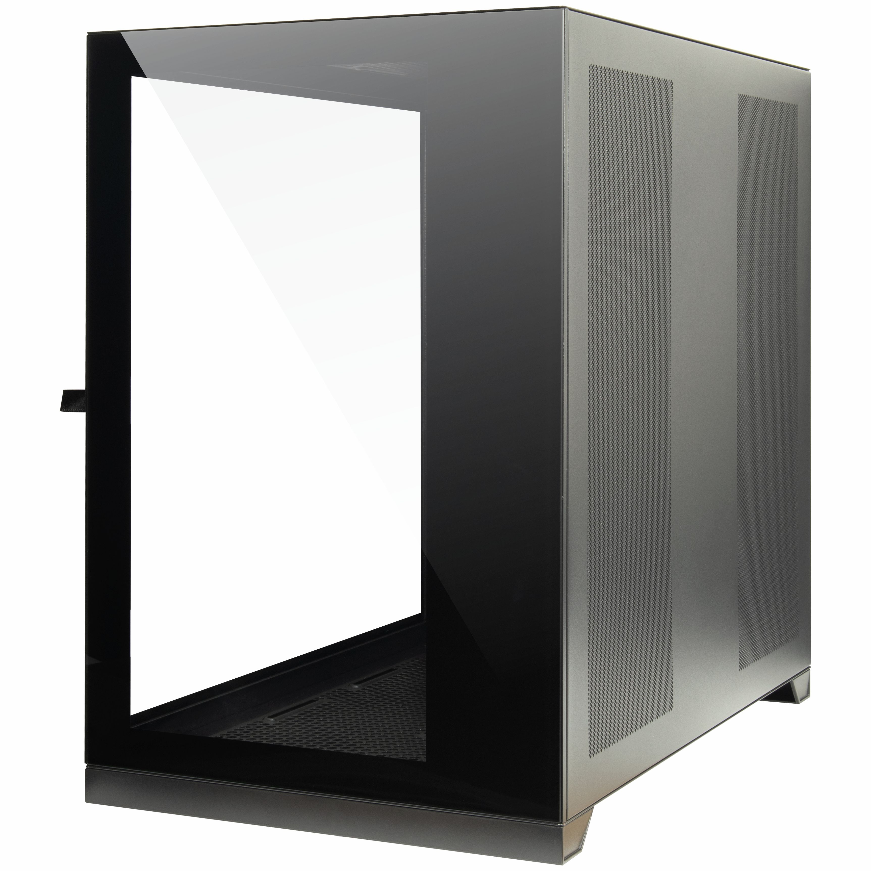 Case per computer nero con pannello laterale in vetro. Il case è su sfondo bianco.