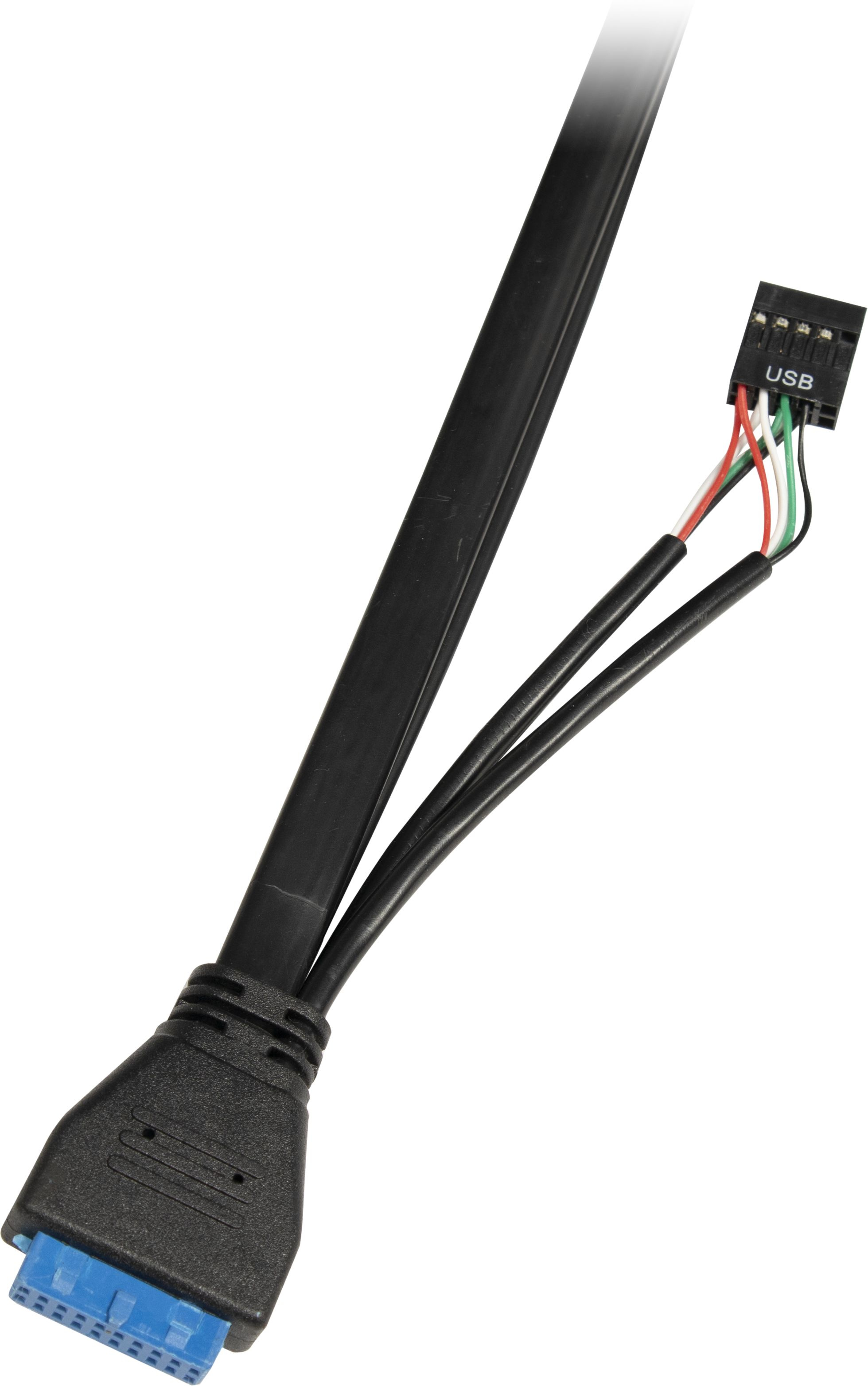 Primo piano di un cavo USB 3.0 con connettore blu e fili colorati.
