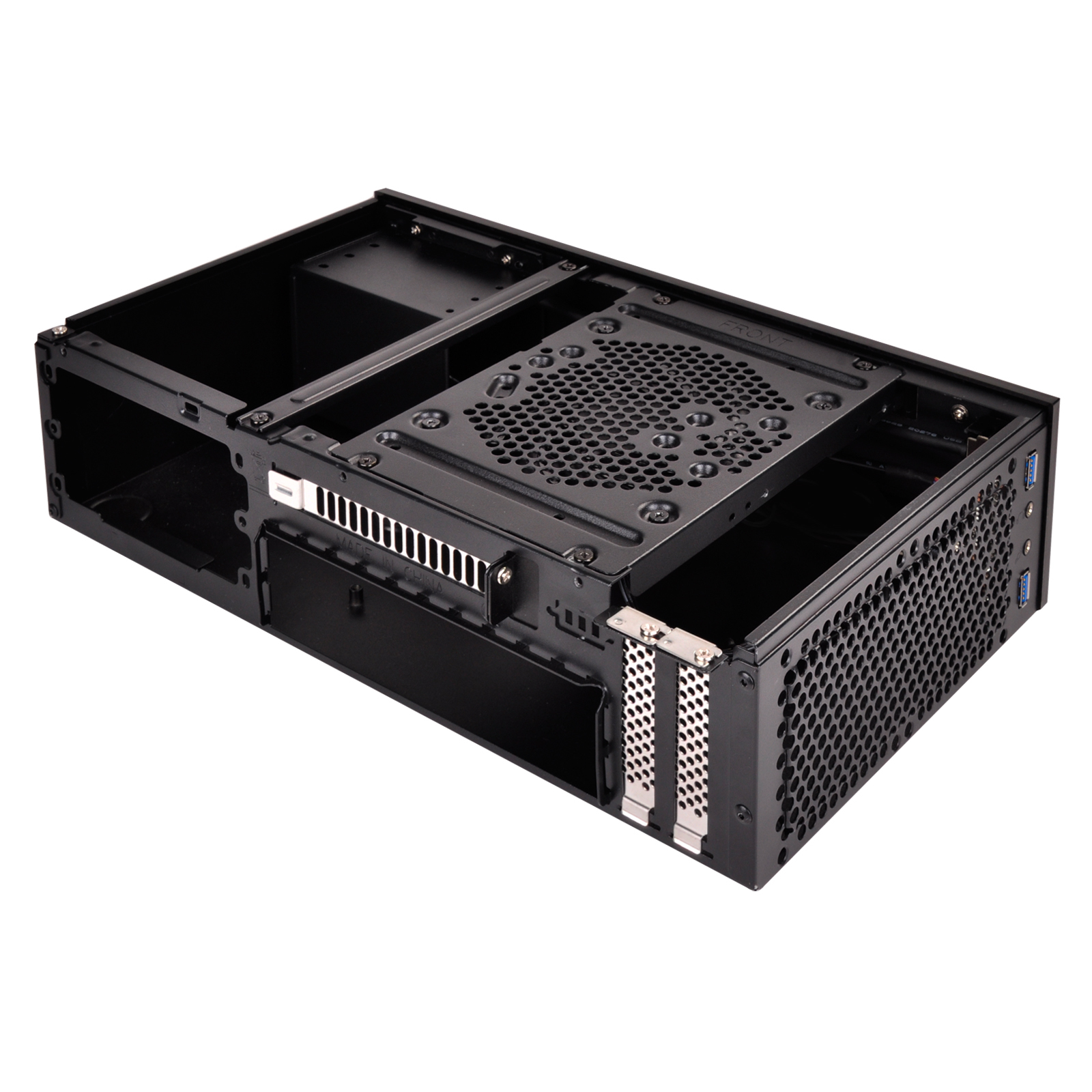Case PC nero, design aperto. Include punti di montaggio. Telaio in metallo. Vista dall'alto.
