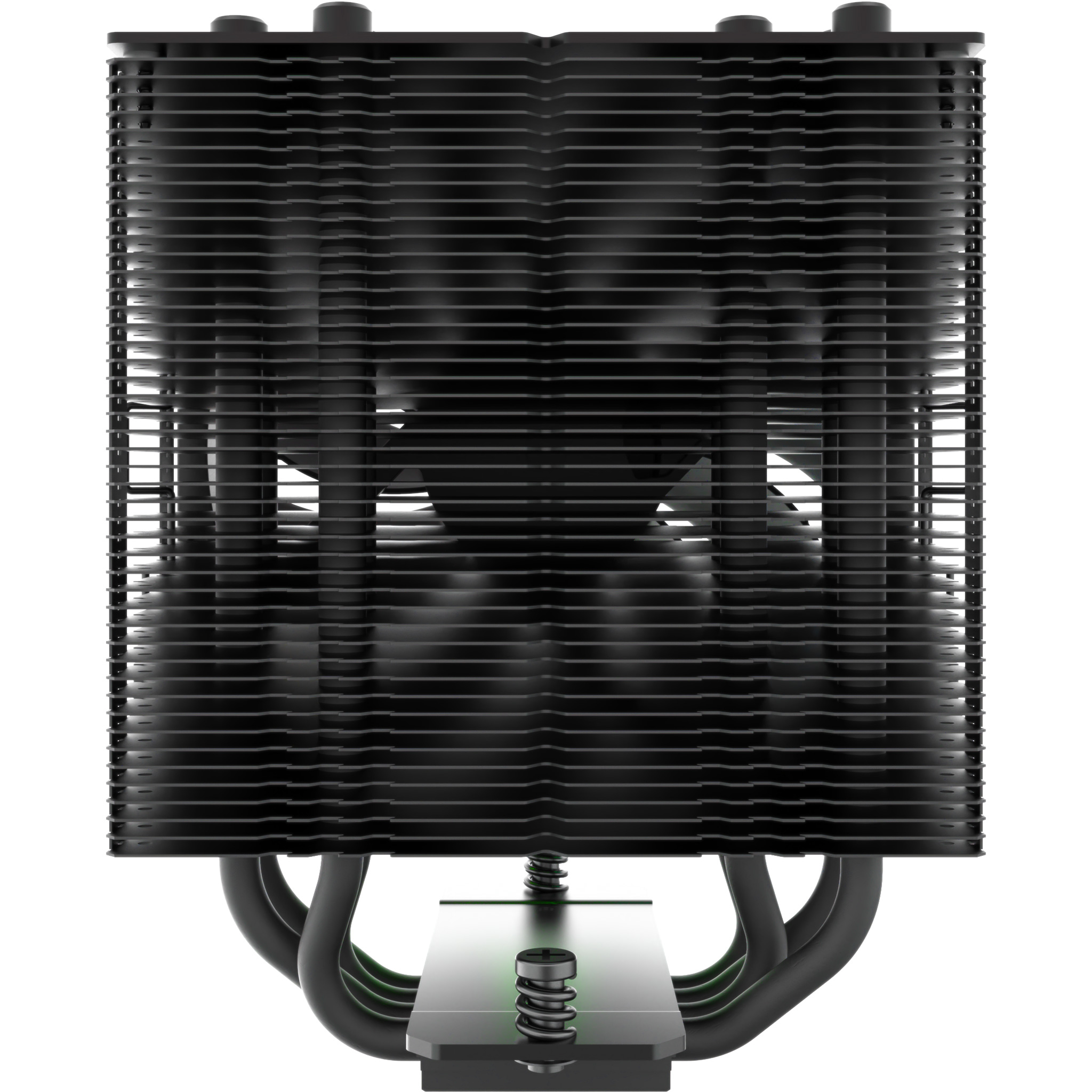 Schwarzer CPU-Kühler mit mehreren Lamellen, schwarzem Lüfter und schwarzen Heatpipes.