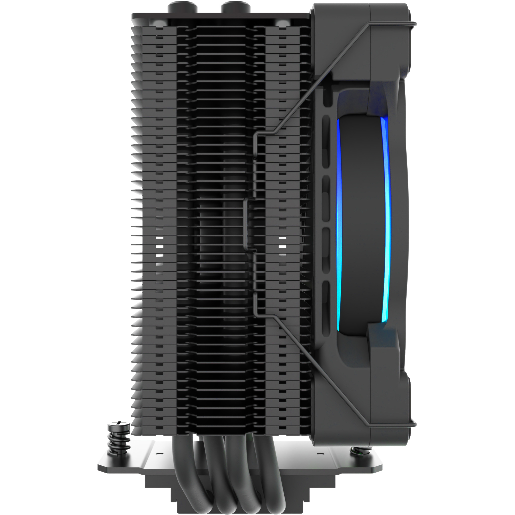 Ein schwarzer Computerkühler mit blau beleuchtetem Lüfter und Kühlrippen auf weißem Grund.