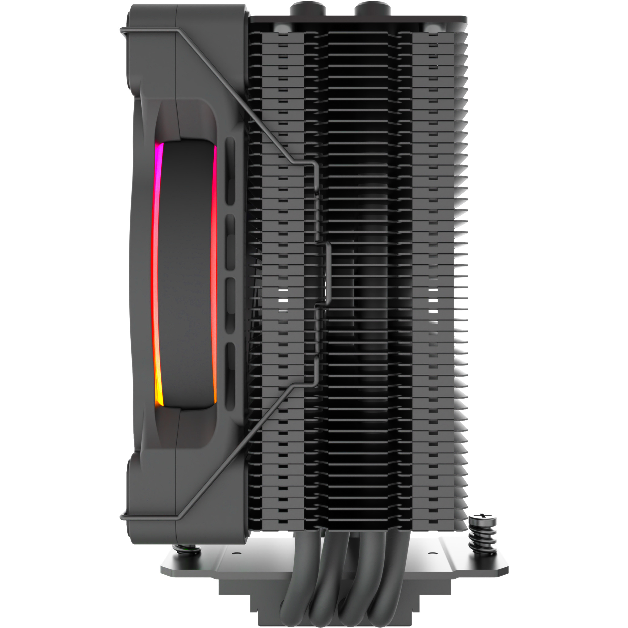 Schwarzer CPU-Kühler. Gestapelte Lamellen, RGB-Lüfter an der Seite. Schwarz und grau.