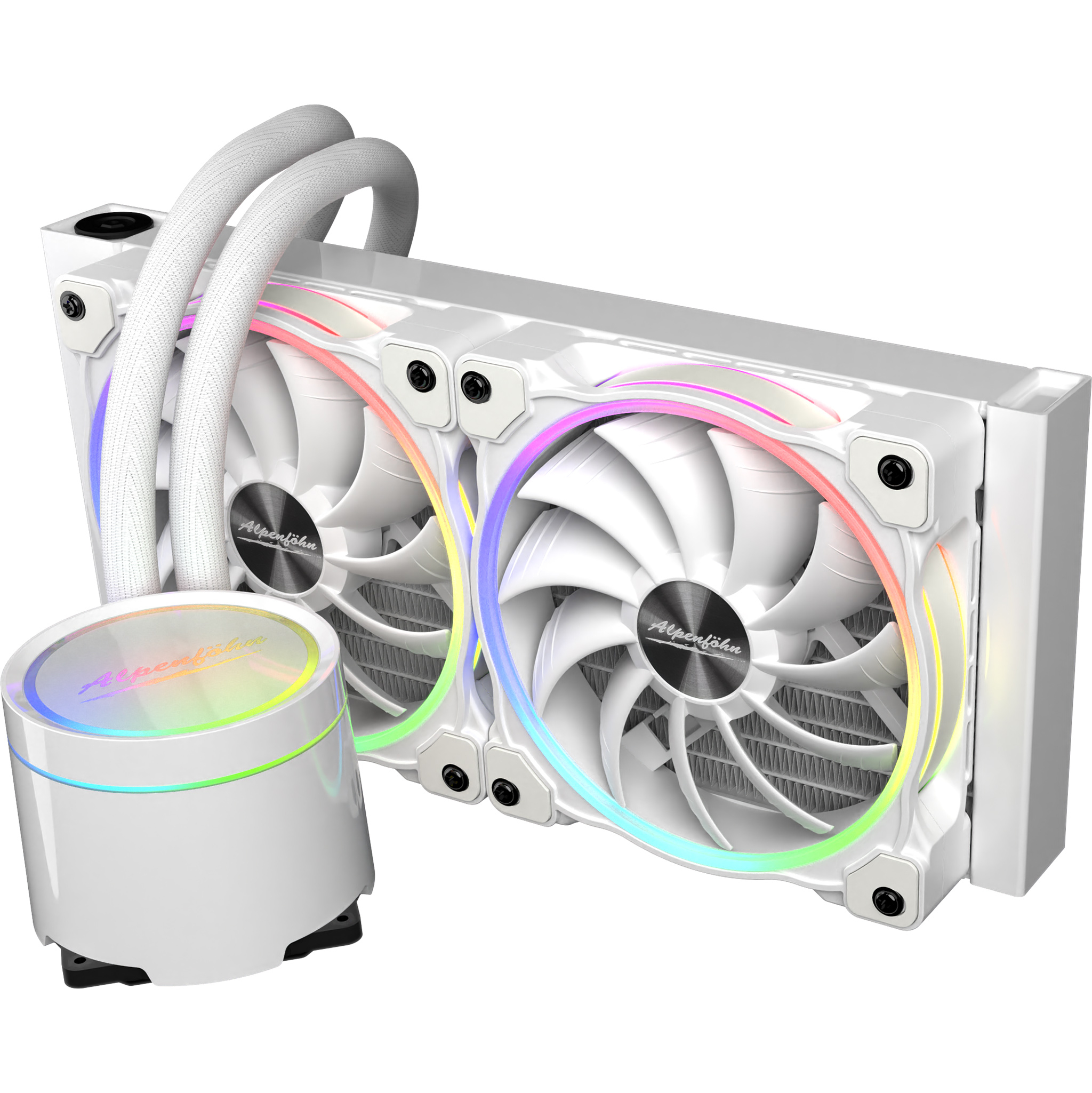 Ein weißer Flüssigkeitskühler mit zwei Lüftern und einer Pumpe. Es hat RGB-Beleuchtungseffekte.