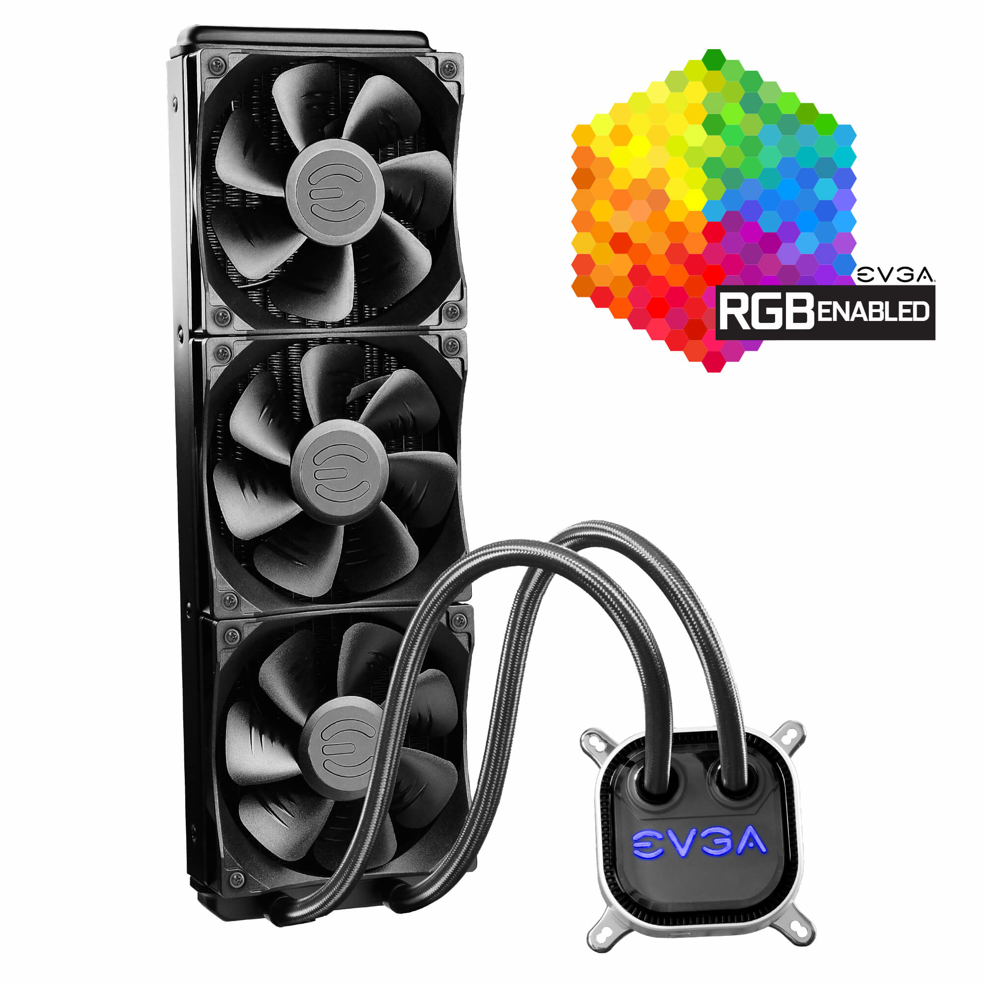 Dissipatore a liquido EVGA nero con tre ventole. Logo RGB sul lato.