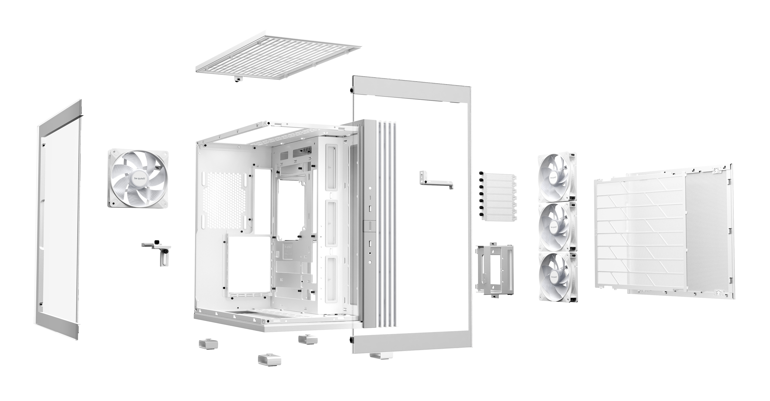 Exploded view of a white computer case, showing components like fans, panels, and frame.