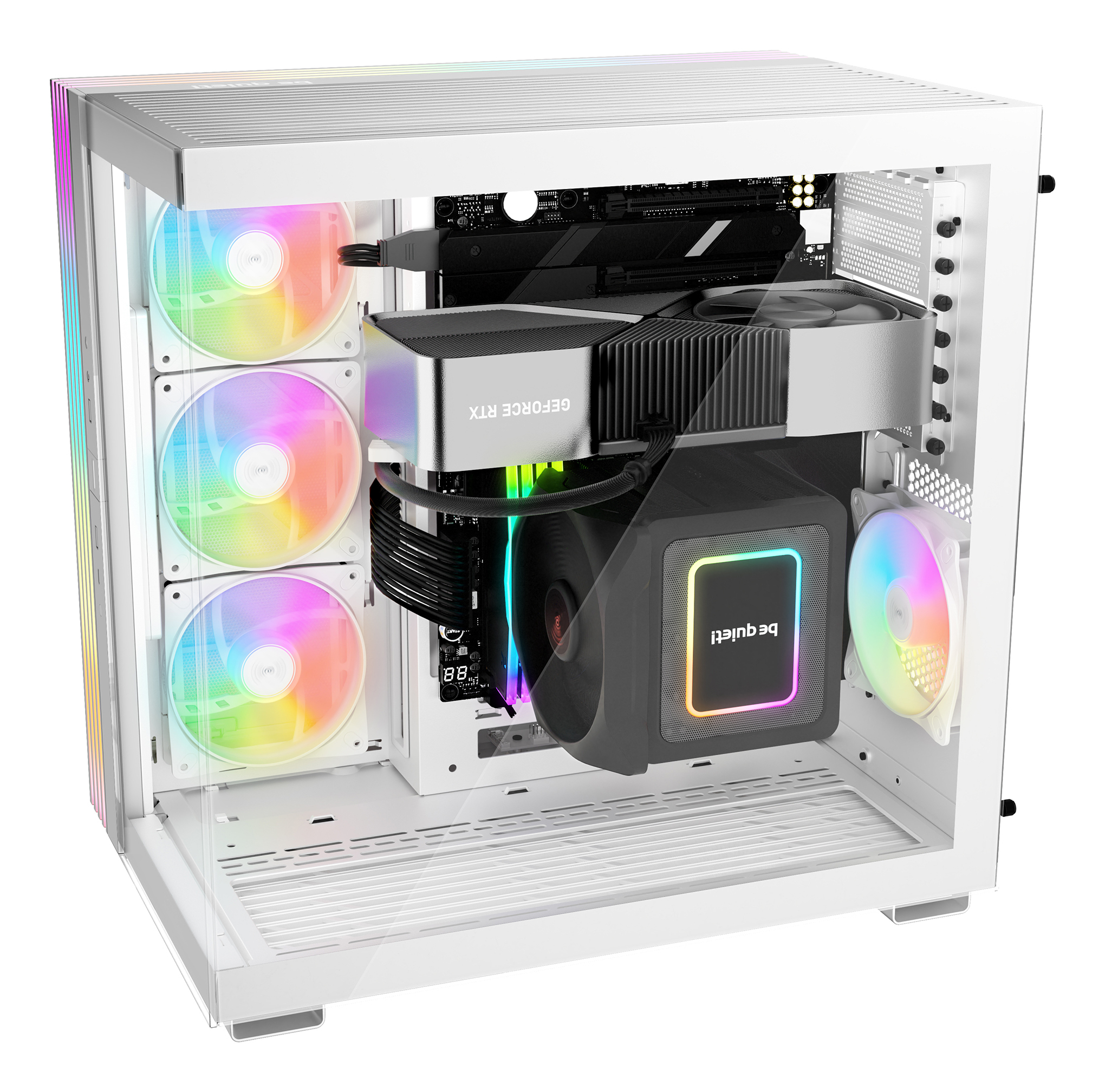 White PC case with colorful fans and internal components: GPU, cooler, etc.