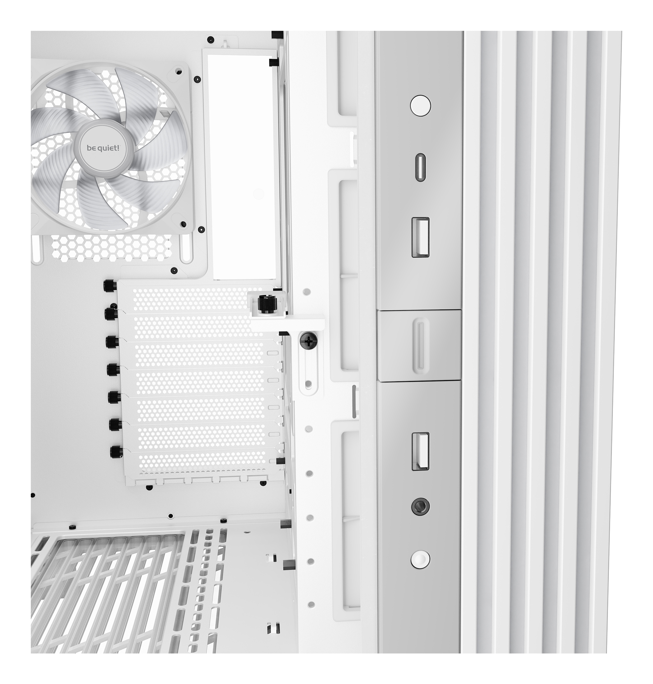 White computer case interior, with fan, mesh, and ports visible.
