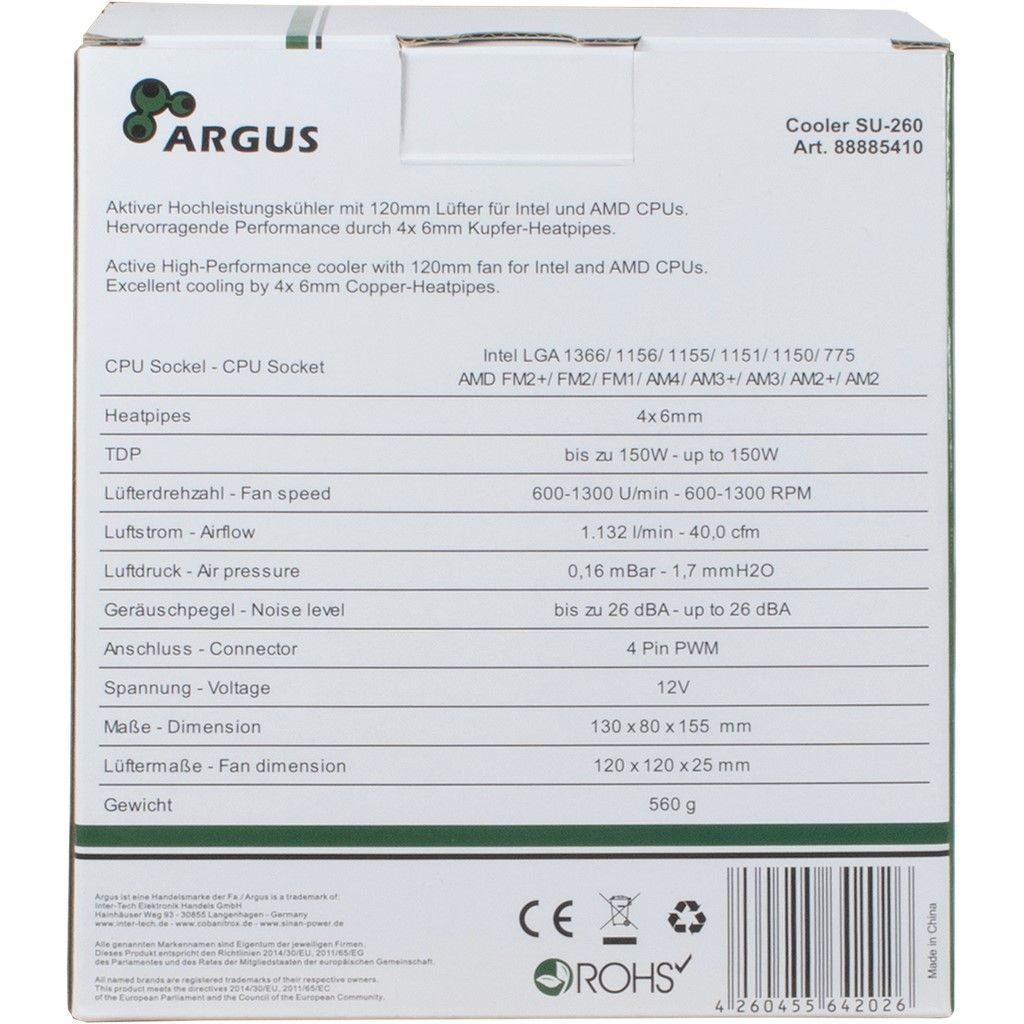 Białe pudełko ze specyfikacją chłodzenia CPU z wentylatorem, miedzianymi rurkami cieplnymi. Tekst.