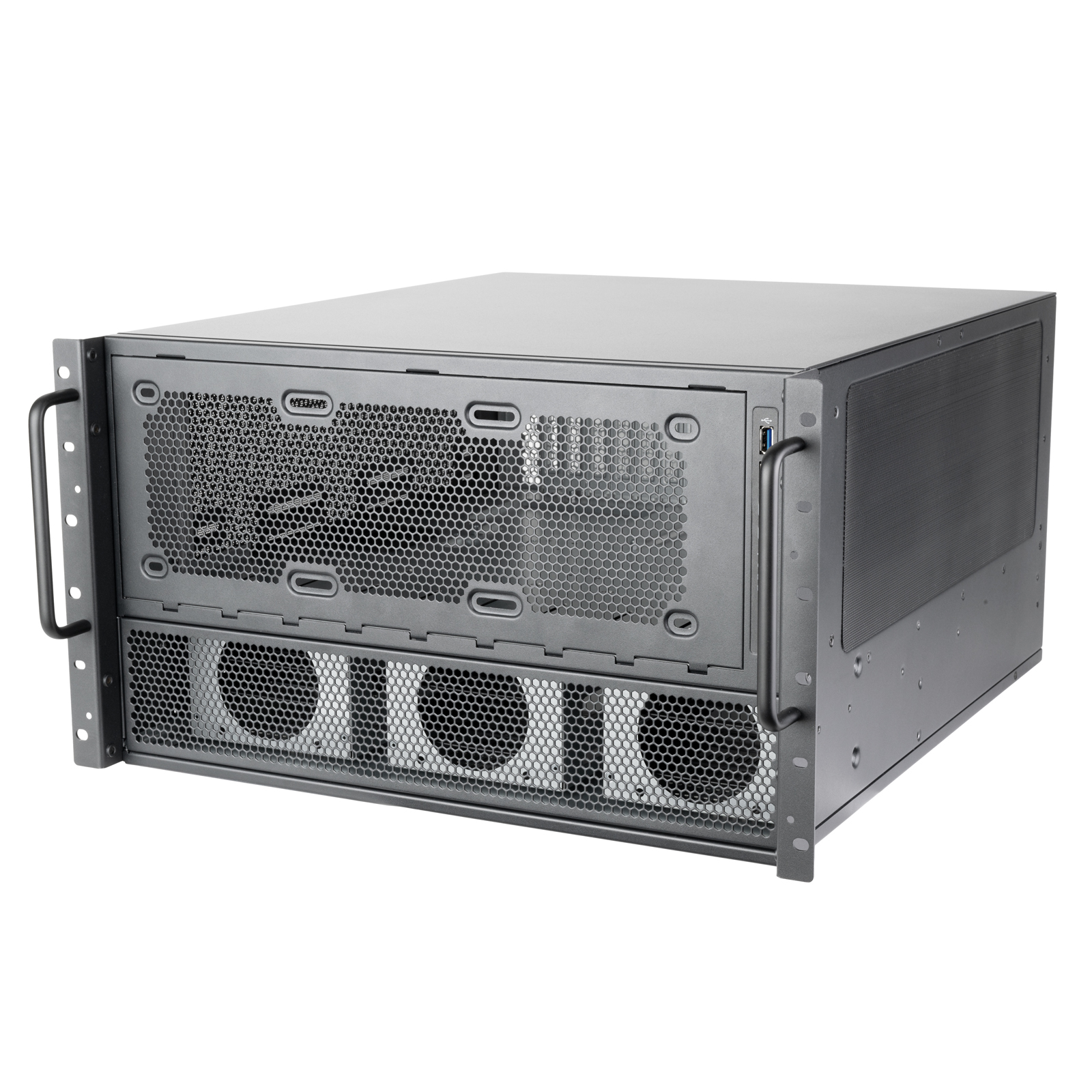 Case server nero. Pannello frontale perforato. Maniglie frontali. Diverse ventole visibili.