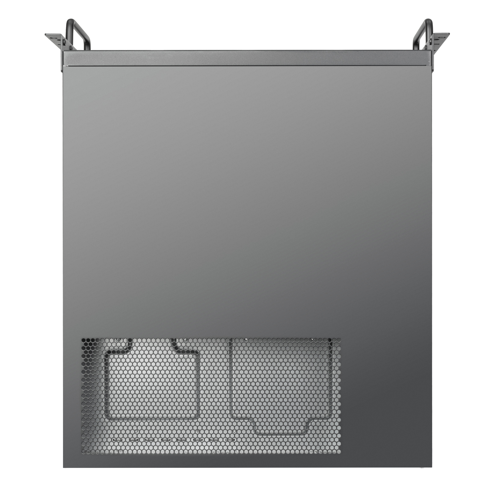 Parte posteriore di un case per computer nero con fori di ventilazione e maniglie. Il pannello posteriore ha un design a rete.