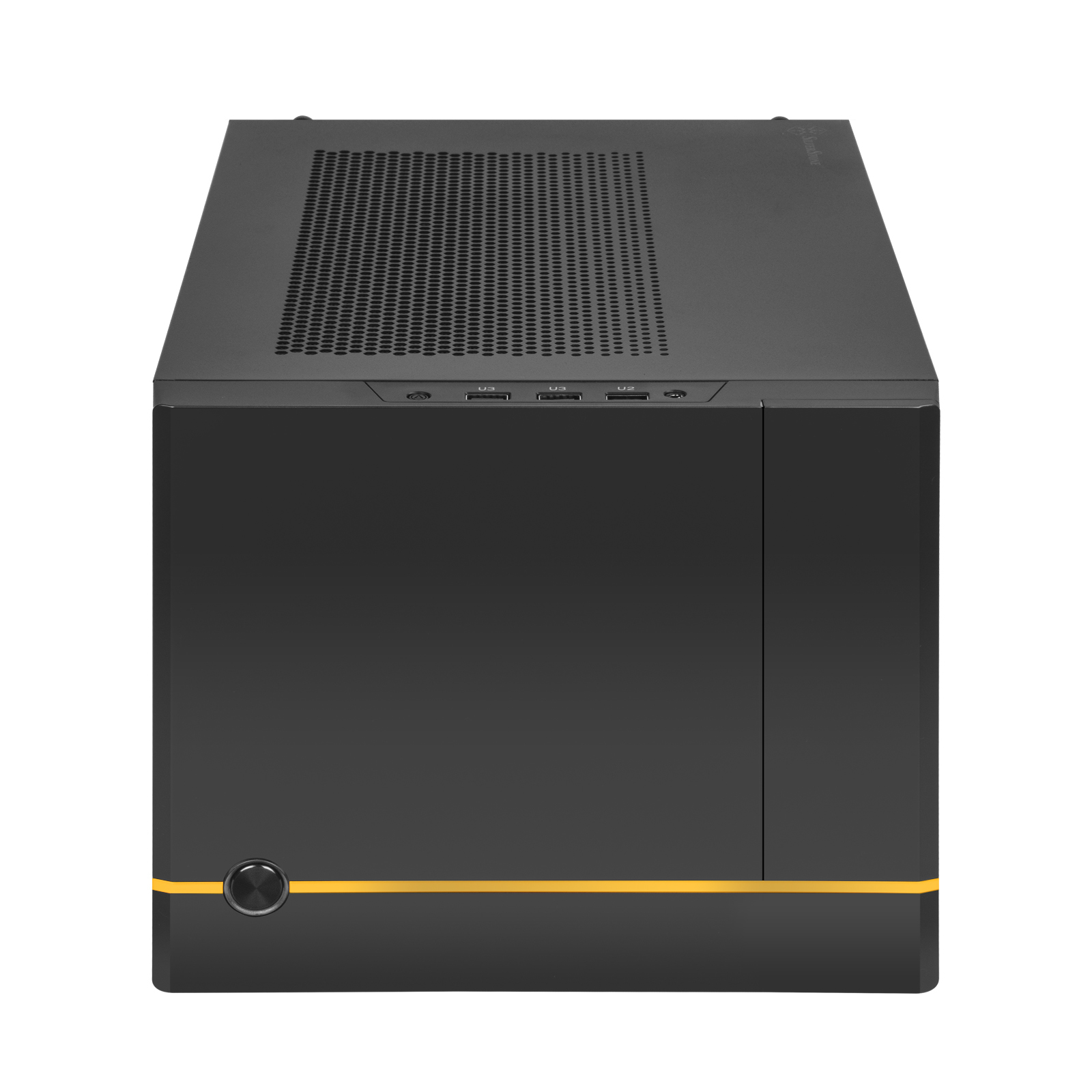 Case per computer nero e giallo. Vista frontale con pannello solido e pulsante di accensione.