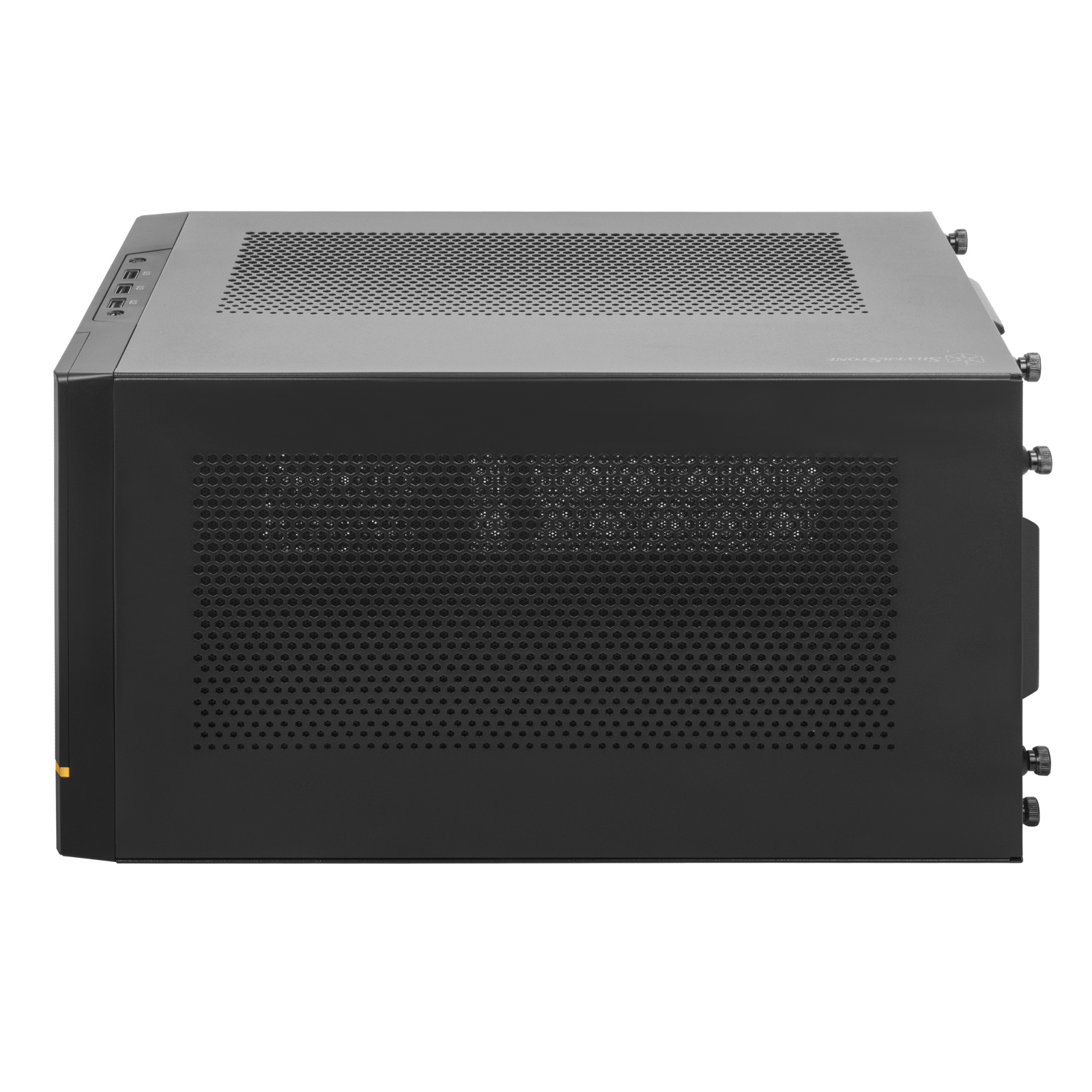 Vista laterale di un case nero per computer con prese d'aria e porte.
