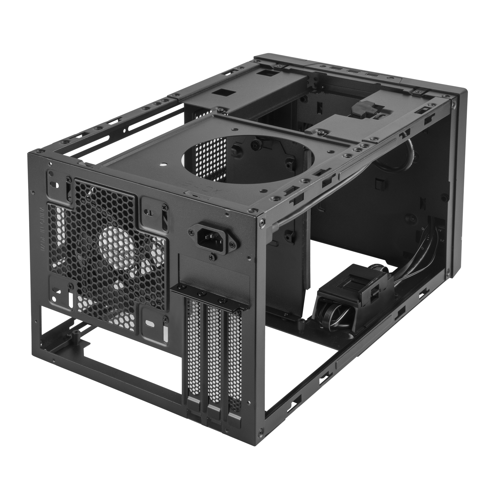 Telaio del case del computer nero. Ha una ventola, un'area di alimentazione e spazio per i componenti. Il telaio è aperto.