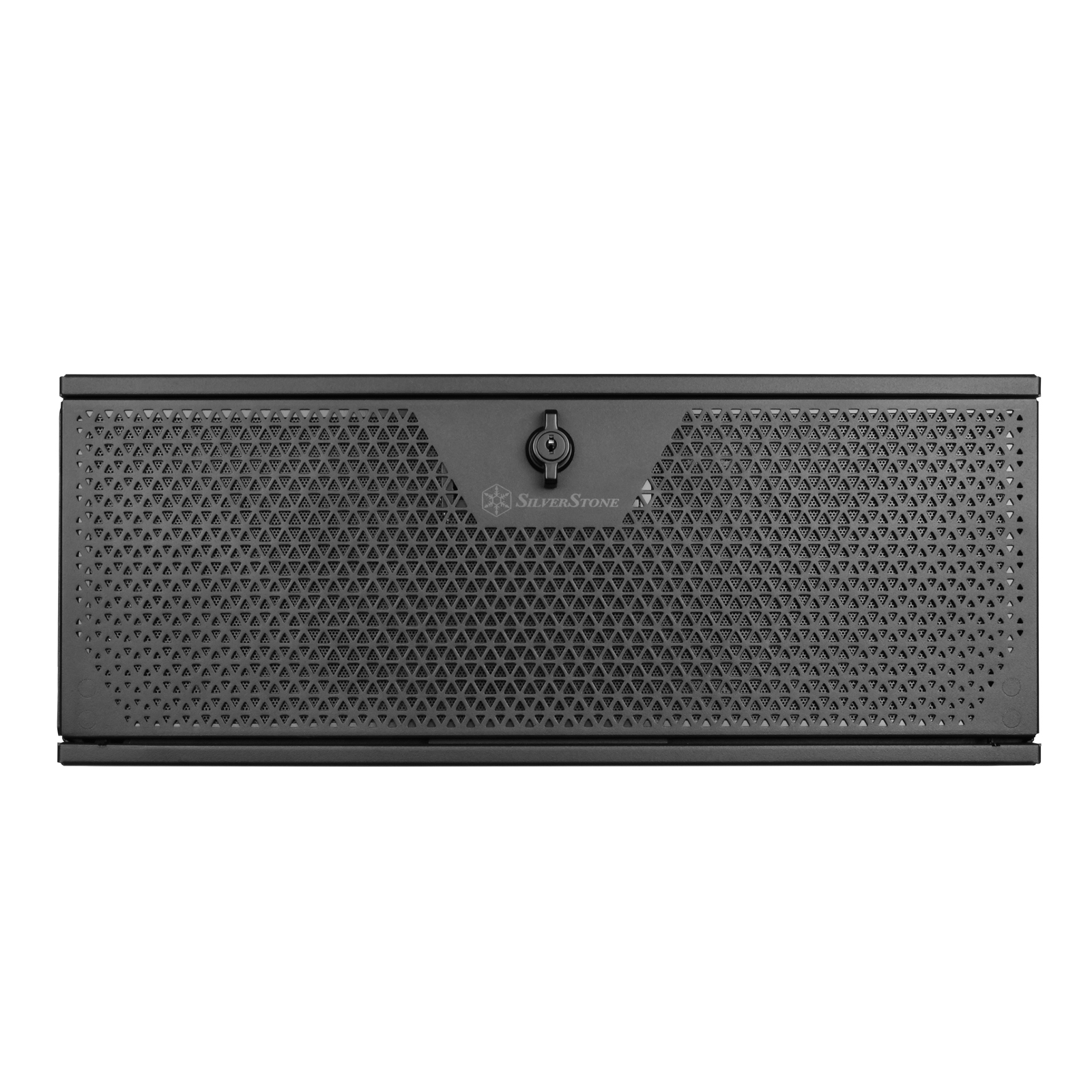 Czarny panel przedni obudowy PC z siatkowym wzorem, logo Silverstone i zamkiem, do szafy serwerowej.