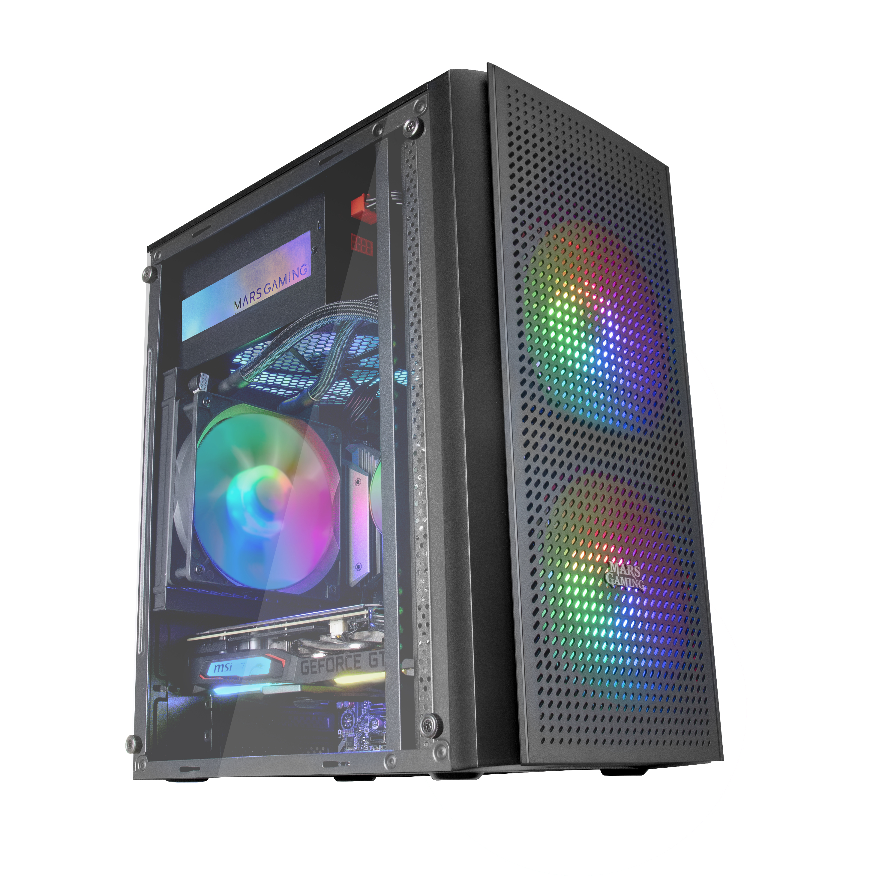 Case per computer nero con pannello laterale in vetro, che mostra componenti interni e illuminazione RGB.