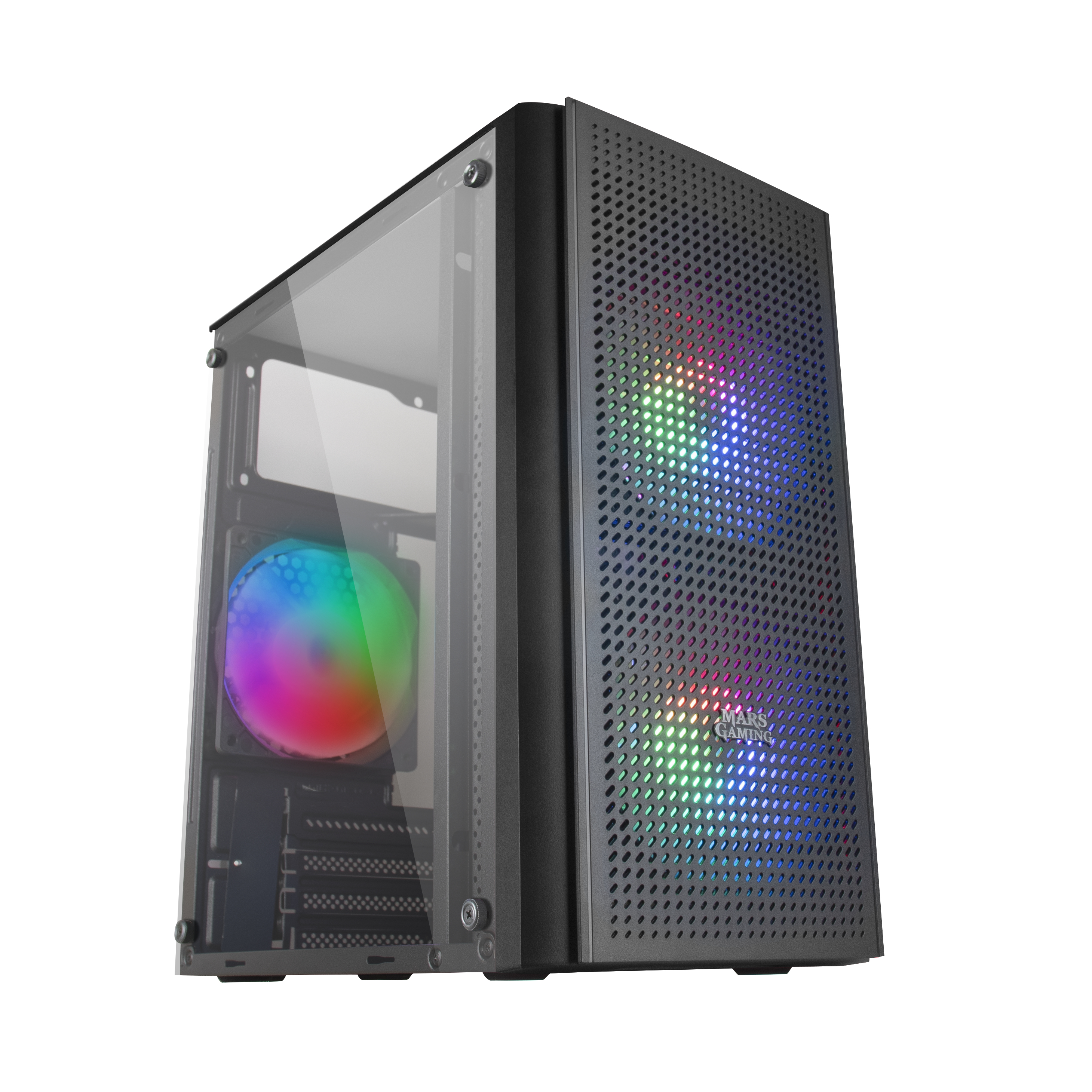Un case per computer nero con pannello laterale in vetro e ventola RGB.