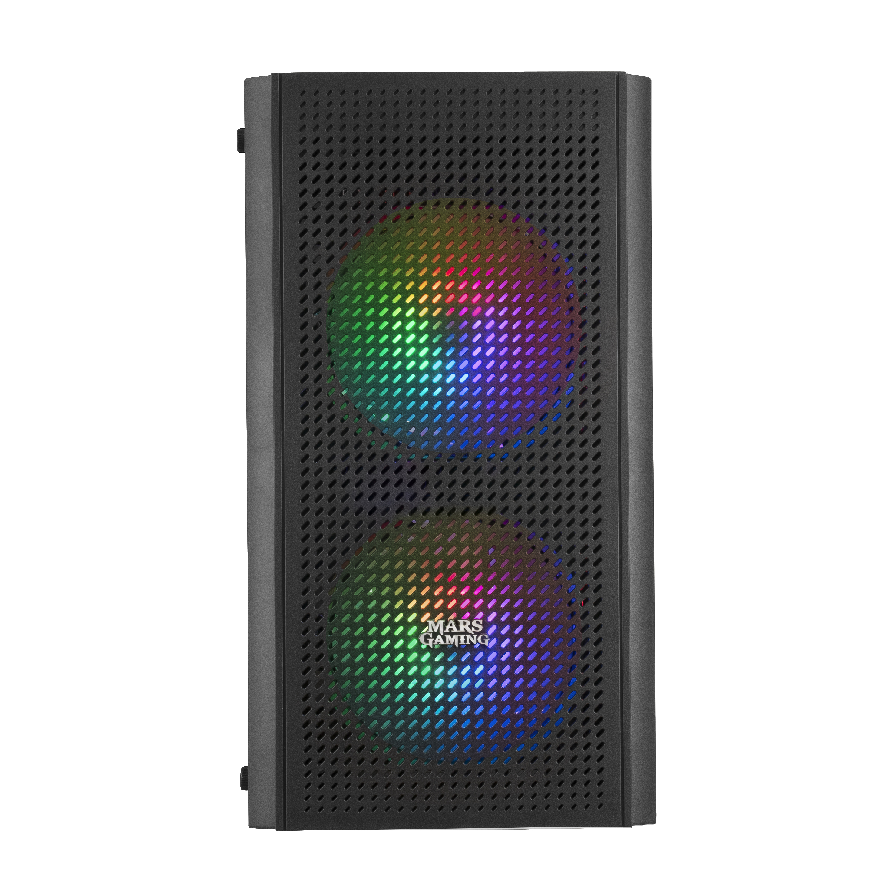 Un case per computer nero con frontale a rete, che mostra luci dai colori dell'arcobaleno.